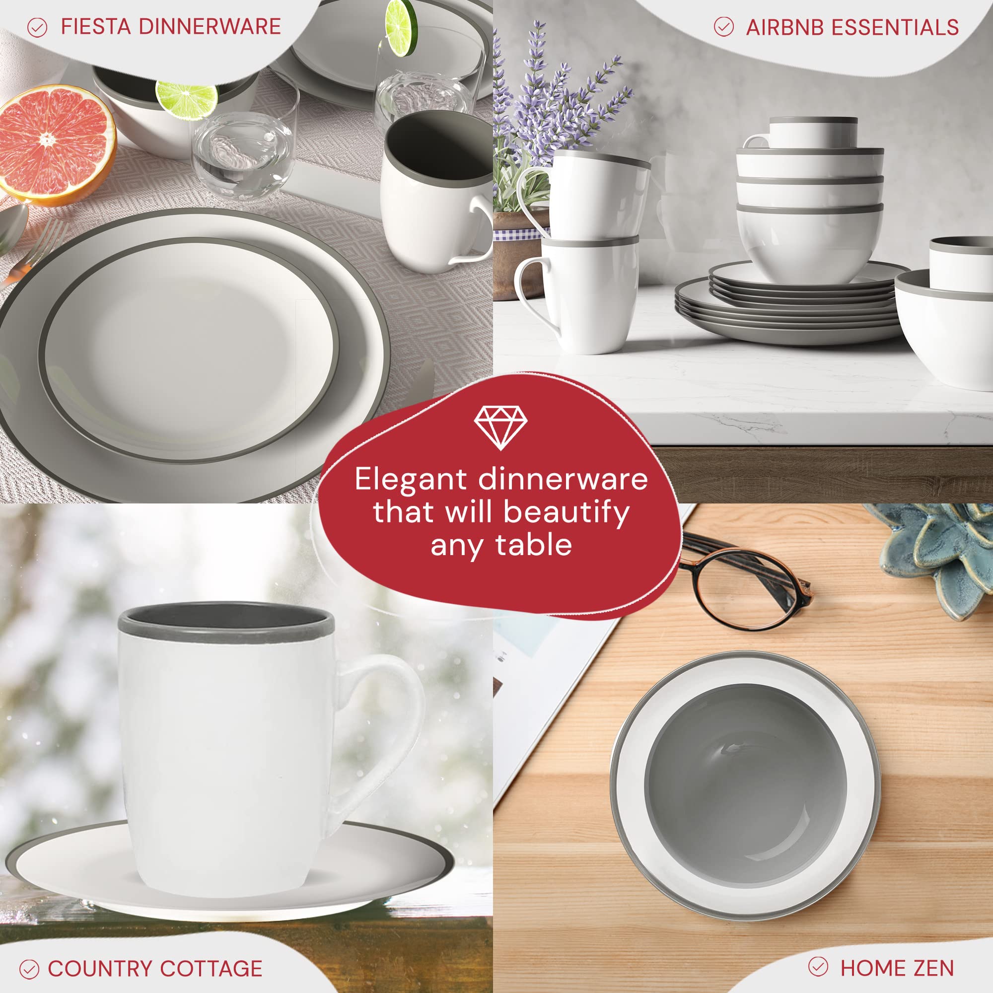 Safdie & Co. - 16-Piece Modern Stoneware Dinnerware Set, Luna Tone Plates & Bowls for Indoor/Outdoor Use, Dishwasher Safe White & Grey - Perfect for Family Dinners, Entertaining Guests, and Outdoor Dining
