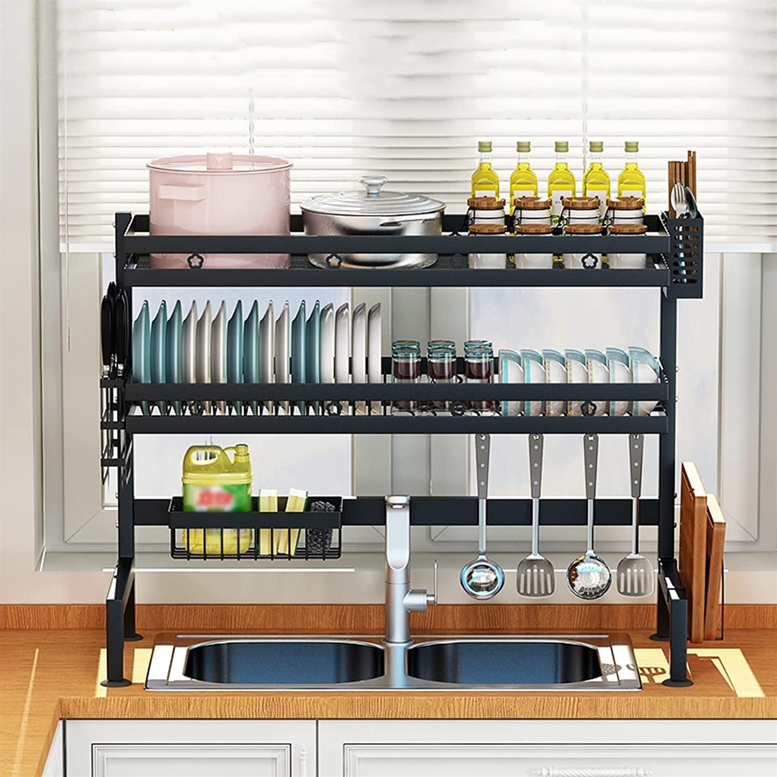 Over Sink Dish Drying Rack - 65cm Black Dish Drainer & Utensil Holder | Space Saving Kitchen Organizer for Countertop | Perfect for Small Apartments, RVs & Compact Kitchens
