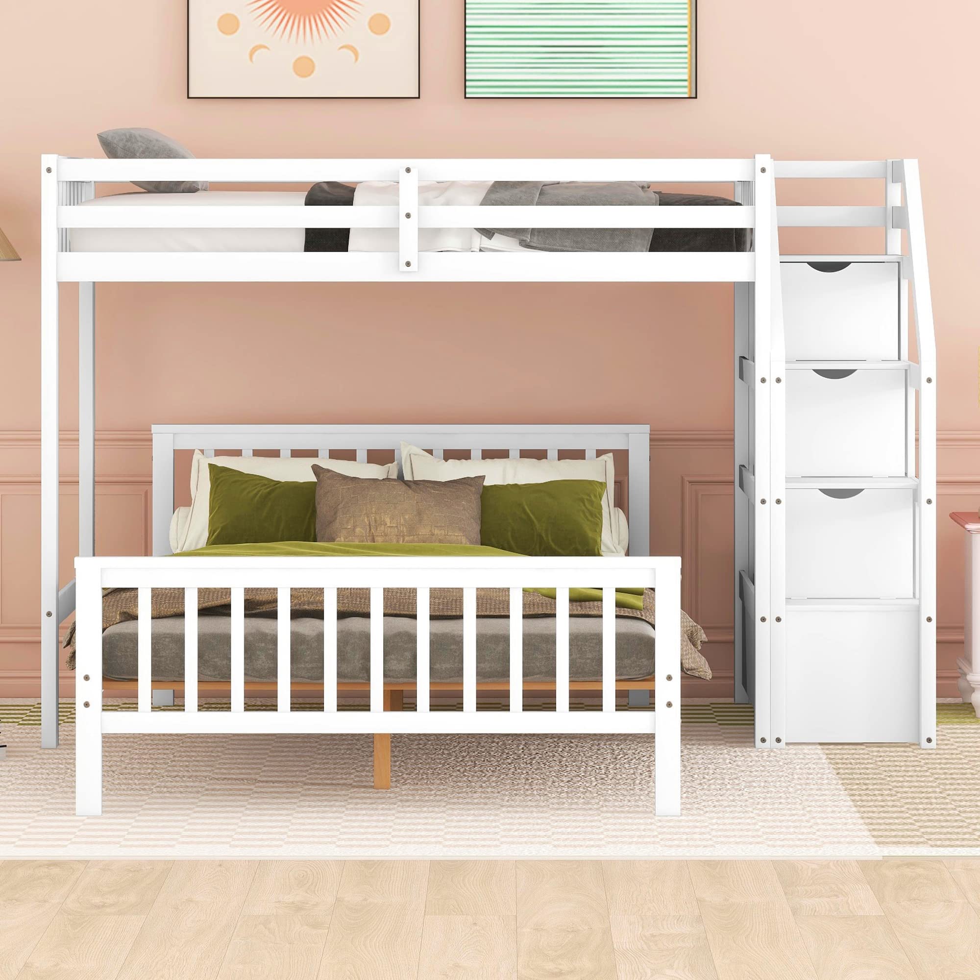 Harper & Bright Designs Twin Over Full Bunk Bed with Staircase - Wooden L-Shaped Kids Bunk Beds with Storage Drawers, Twin Loft Bed & Full Platform Bed (No Box Spring Needed) - Perfect for Small Bedrooms, Kids' Rooms & Space-Saving Solutions (White)