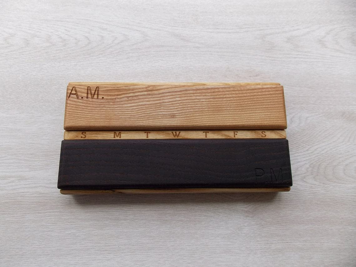 7-Day Wooden Pill Organizer Box - Large Travel Pill Case with AM/PM Compartments (1 Inch) - Decorative Ash Wood Pill Box for Daily Medication Storage - Perfect for Home, Office & Travel Use