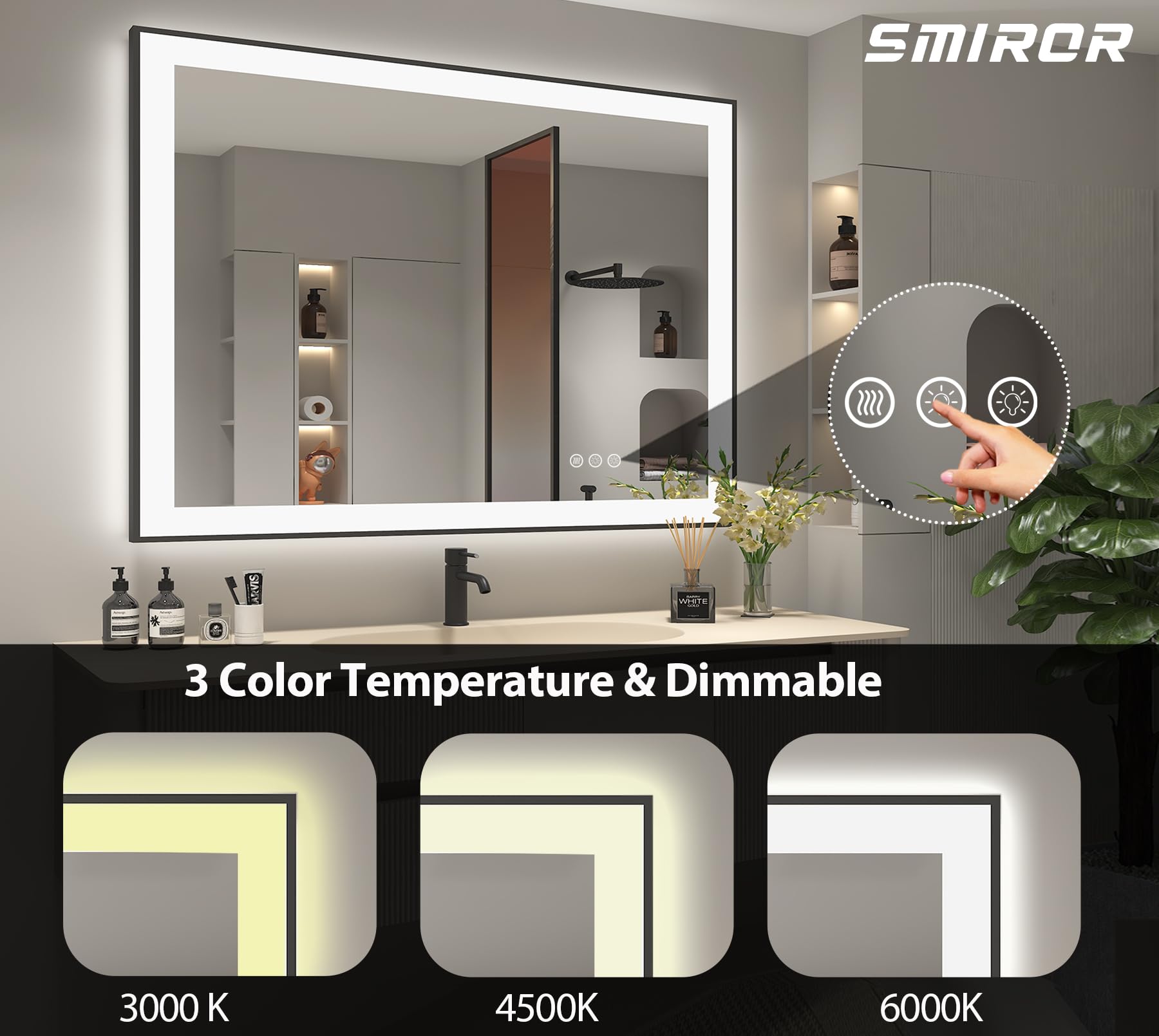 SMIROR 40x38 Inch LED Bathroom Mirror with Dimmable Lights - Matte Black Framed Anti-Fog Vanity Mirror with Memory Function, Shatterproof & ETL Certified (Front/Backlit) - Perfect for Makeup, Shaving & Home Decor