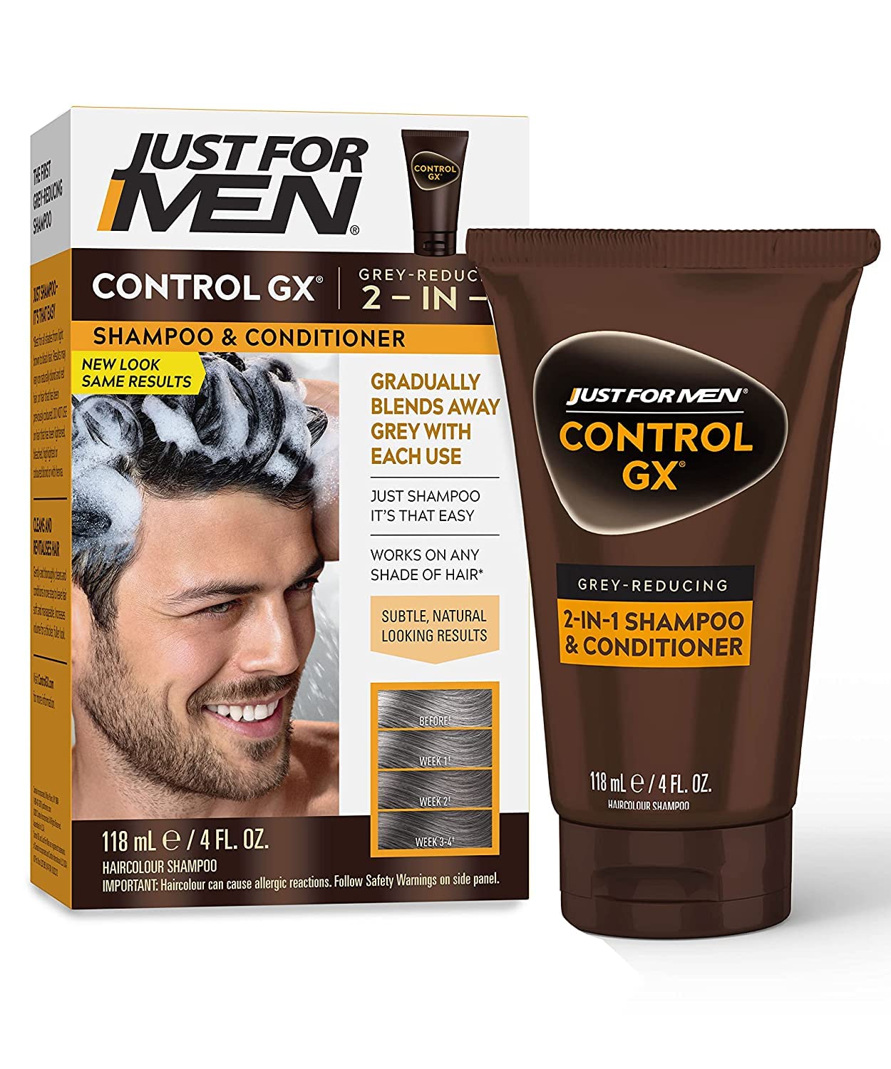 Just For Men Control Gx 4oz 2-in-1 Shampoo & Conditioner for Gray Hair - Pack of 2 | Gradual Hair Color & Conditioning Treatment for Men | Perfect for Home Use & Travel