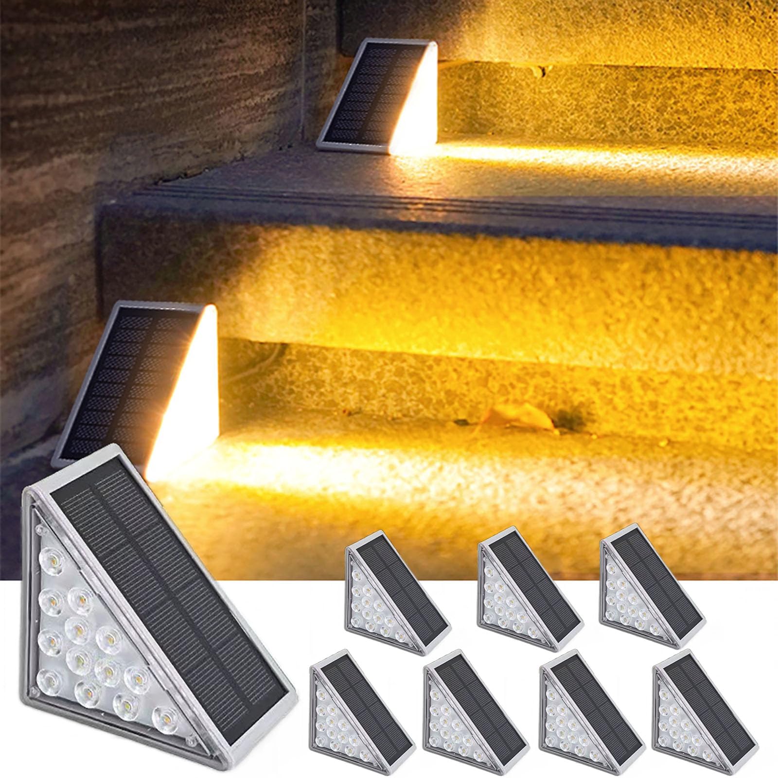 Solar LED Step Lights Outdoor Waterproof - 8 Pack Warm White Deck Stair Lights for Patio, Yard, Porch, Front Door, Sidewalk - Perfect for Home Exterior, Garden Pathway & Nighttime Safety Lighting