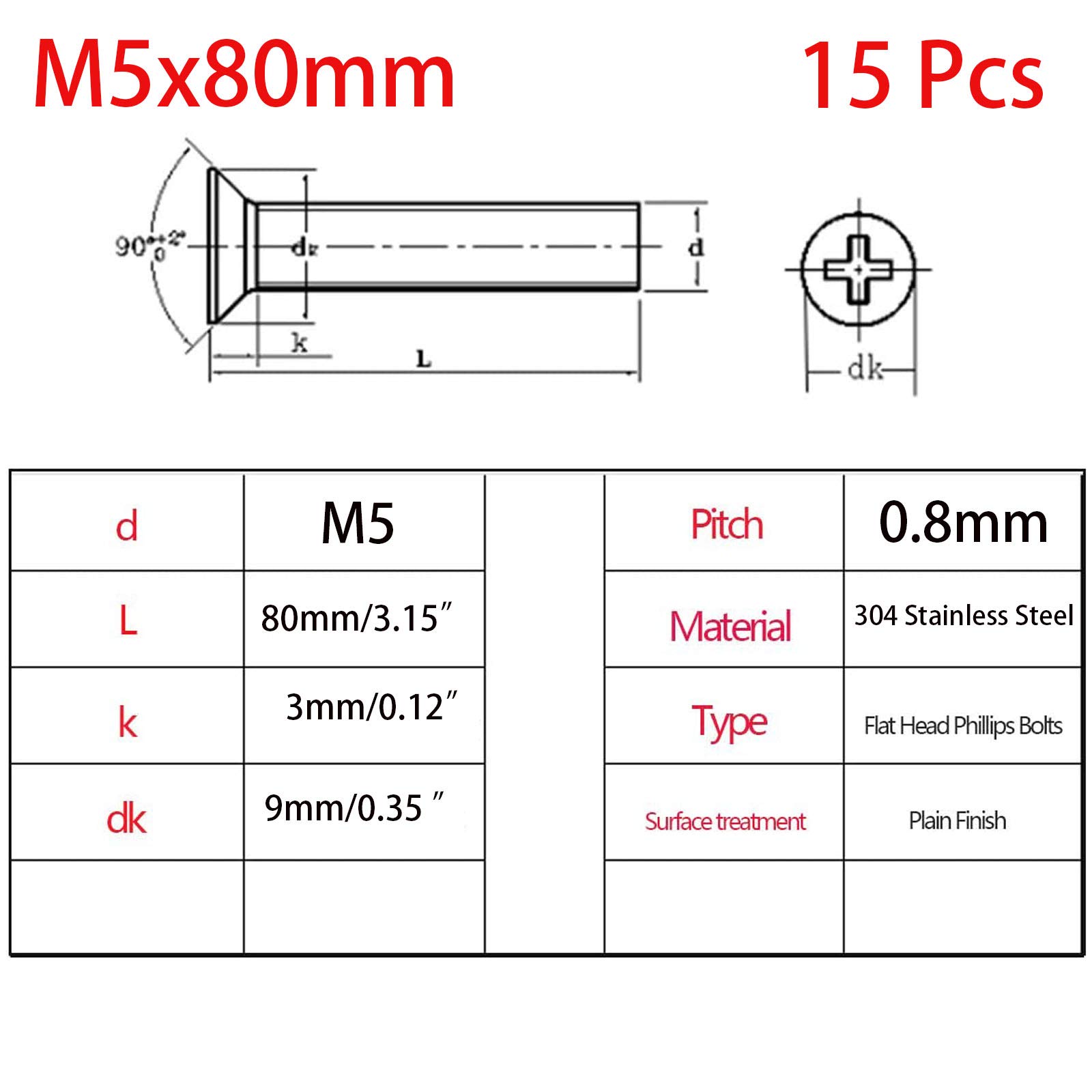 15 Pcs M5-0.8x80mm 304 Stainless Steel Flat Head Machine Screws for DIY & Furniture Assembly