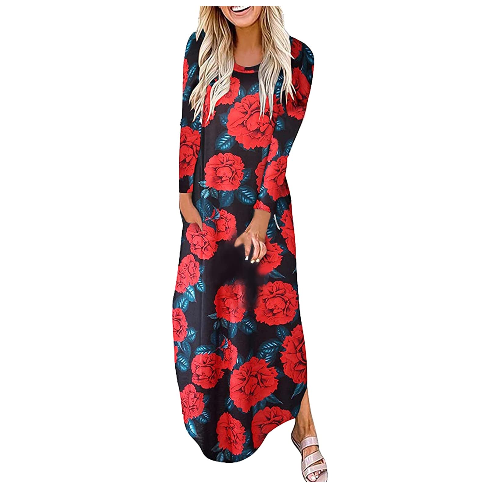 HAOREEKZ Women's Floral Maxi Dress - Loose Long Sleeve Boho Dress with Pockets, Round Neck & Slit Detail | Perfect for Fall Fashion, Casual Outings & Boho Chic Style