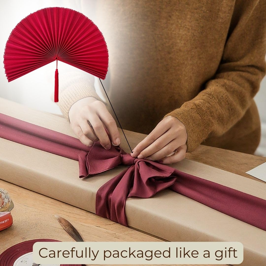 Large Folding Bamboo Wall Fan Decor - 47in Handmade Boho Fan Wall Art, Over Bed Headboard Decor for Bedroom, Living Room, and Patio - Red (M)