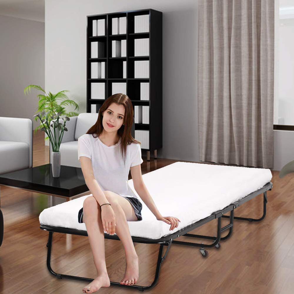 Foldable Twin Bed Frame with Wheels & Memory Foam Mattress - Portable Rollaway Bed for Adults & Kids (350LBS Capacity) - Perfect for Spare Bedroom, Office, Camping & Guest Room Use