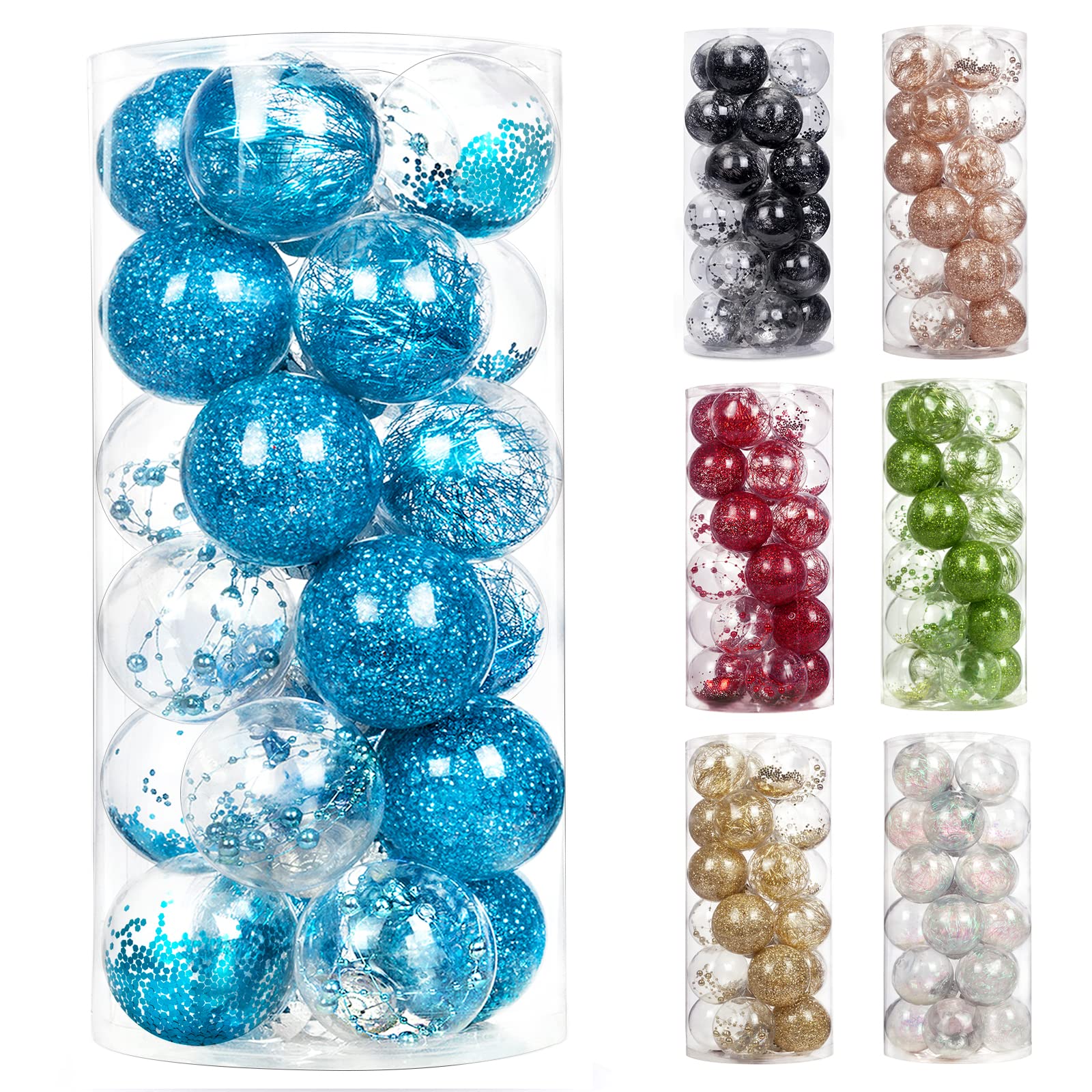 2.36 Inch (60mm) 24-Pack Shatterproof Clear Plastic Christmas Ball Ornaments - Blue Xmas Tree Decorations with Delicate Stuffed Designs for Holiday, Wedding, Thanksgiving & Party Decor | Perfect for Christmas Trees, Gift Wrapping & Home Decoration