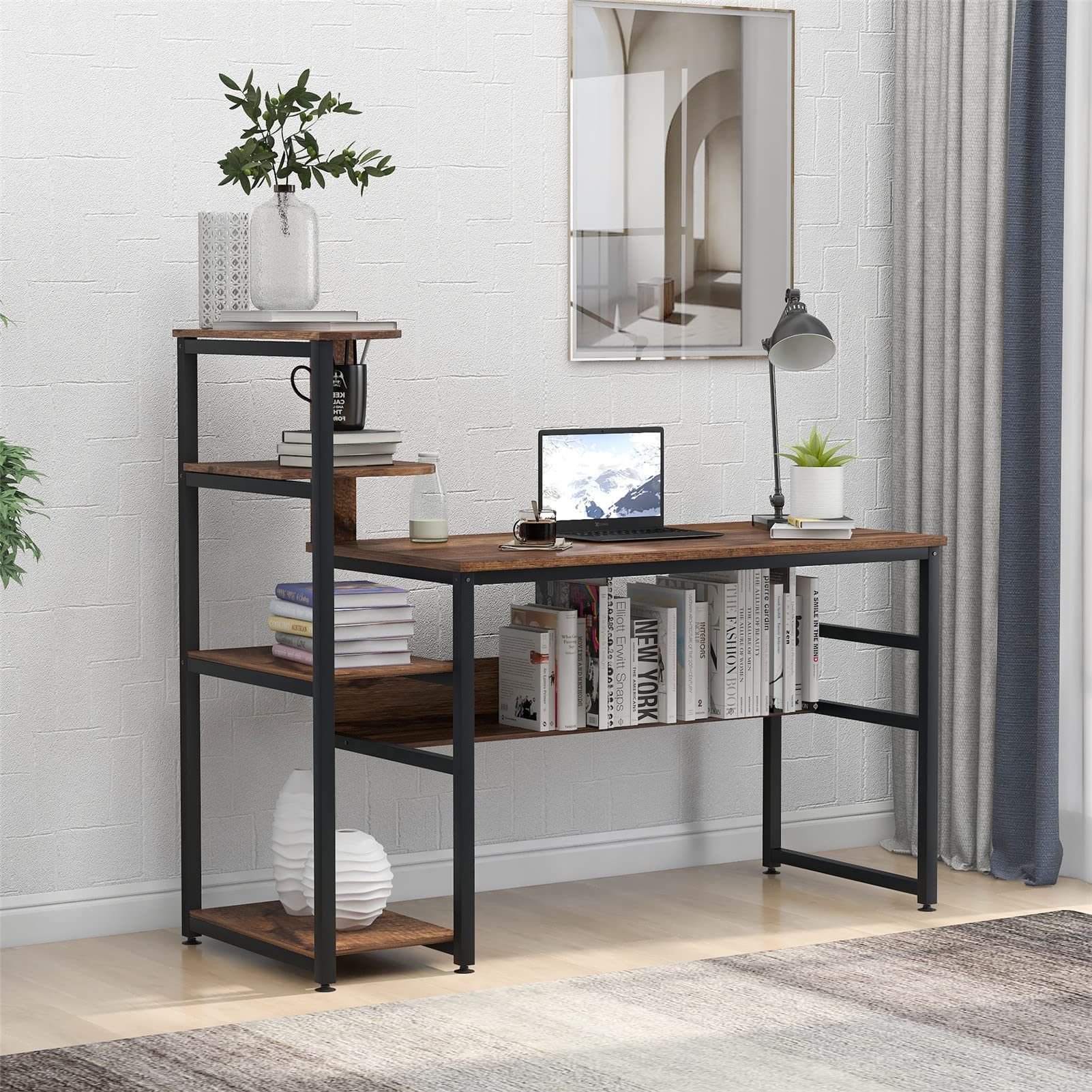 WEALTHGIRL 59-inch Modern Home Office Desk with 4-Tier Storage Shelves, Large Computer Workstation for Study & Writing - Perfect for Small Spaces, Home Offices & Dorm Rooms