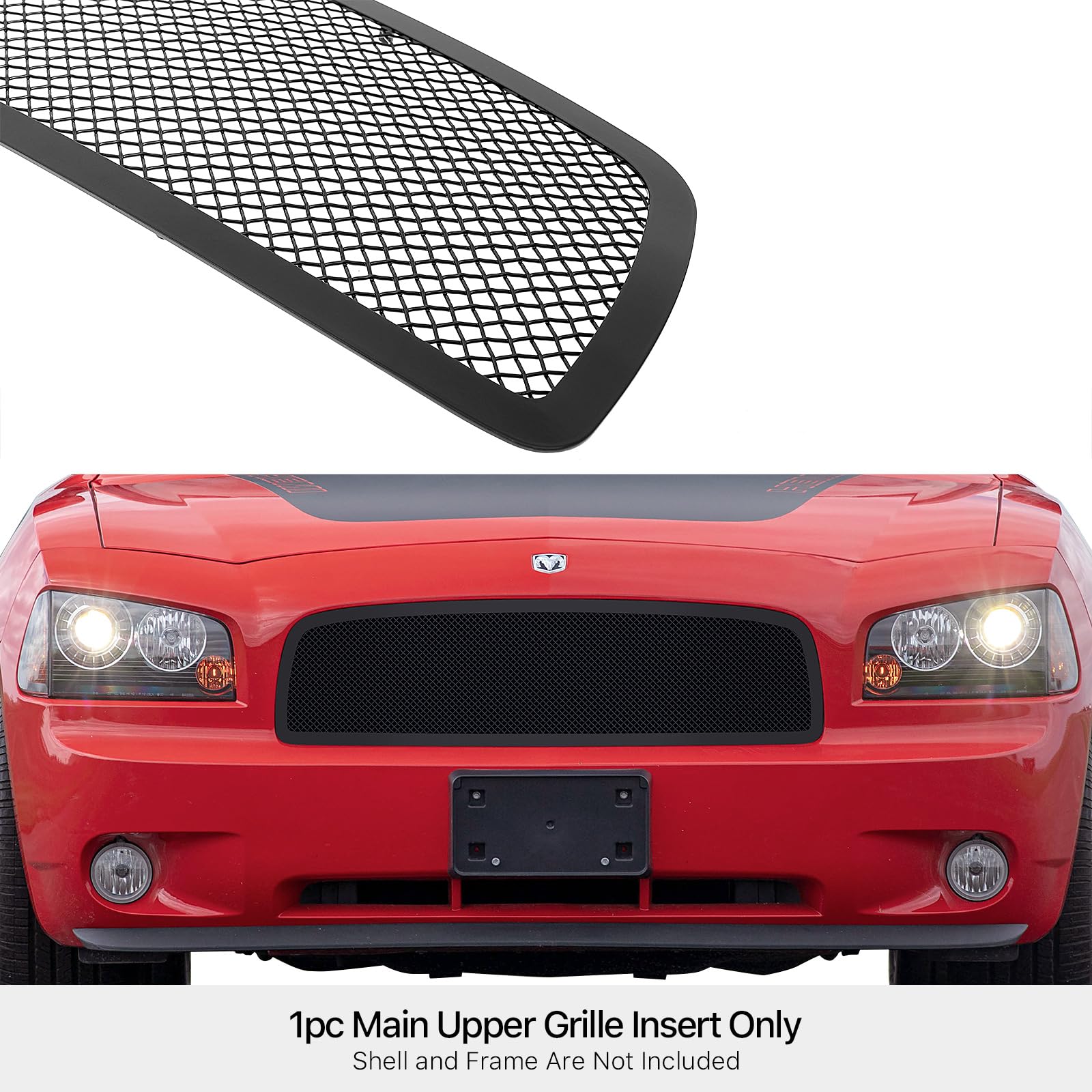 APS Compatible with Dodge Charger 2005-2010 Upper Main Black Stainless Steel Mesh Front Grille Insert Replacement Part D75320H - Perfect for Car Upgrades & Customization