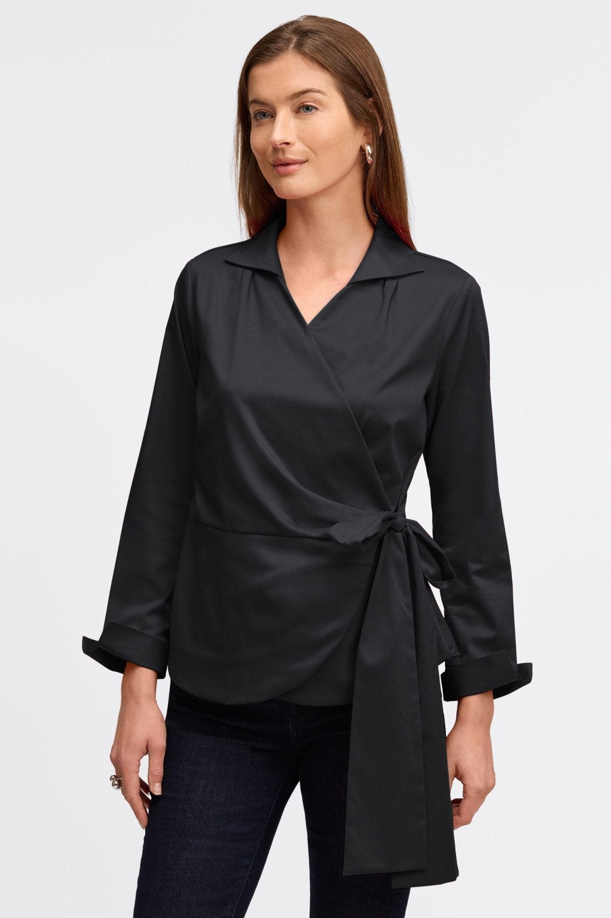 Salina No Iron Stretch Matte Sateen Long Sleeve Shirt for Women - Wrinkle-Free Office Blouse, Comfortable Business Casual Top for Work & Professional Wear
