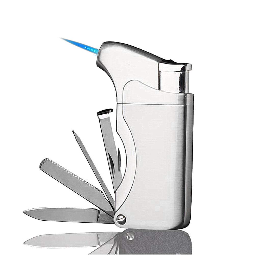 5-in-1 Windproof Refillable Lighter with Pipe Cleaner for Cigars & Tobacco Pipes (Silver) - Outdoor Smoking Essential