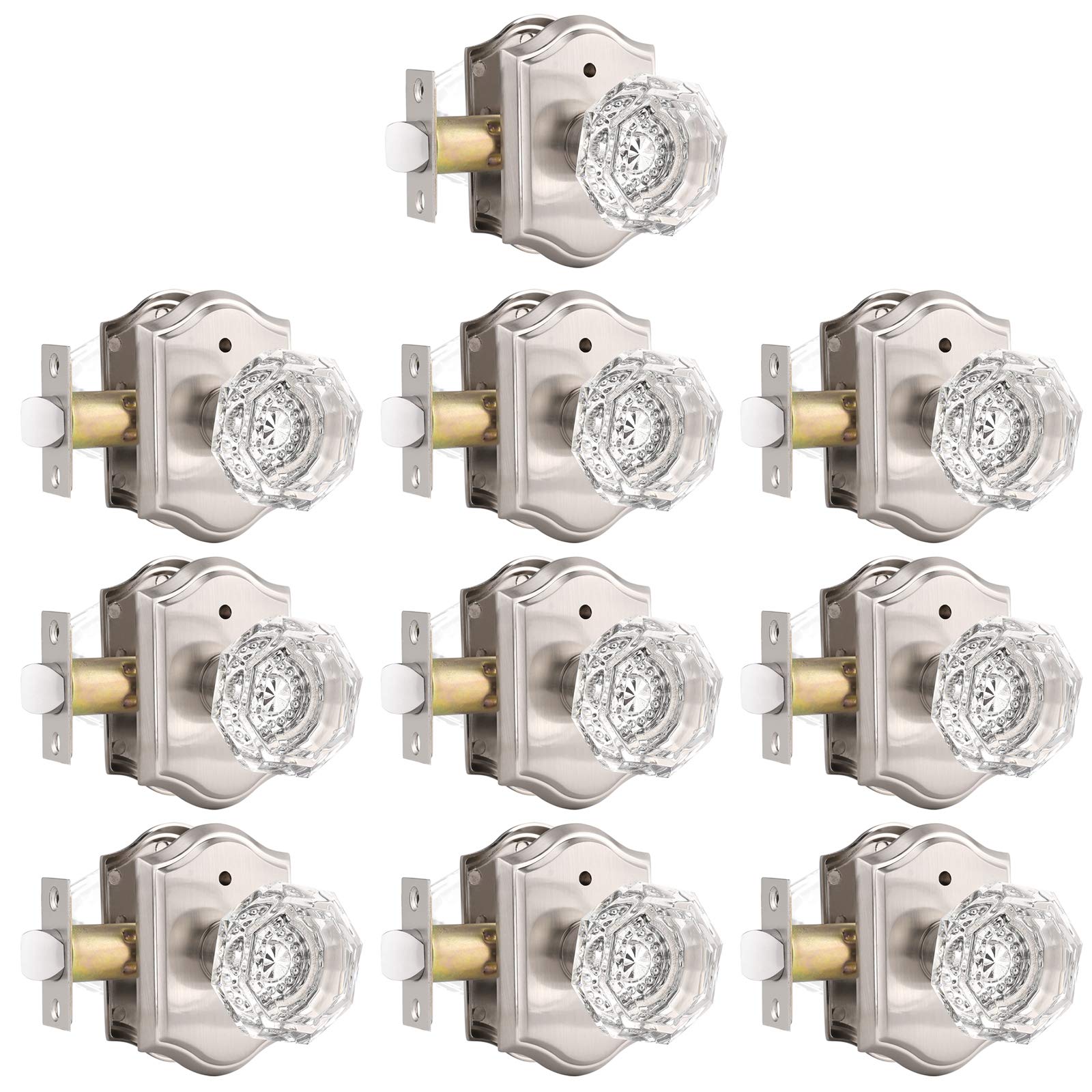 Vintage Octagonal Crystal Door Knobs - 10 Pack Clear Diamond Glass Privacy Handles for Bedroom & Bathroom - Saint Nickel Arched Rosette Interior Door Knob Set - Perfect for Home Renovation & Vintage Style Decor
