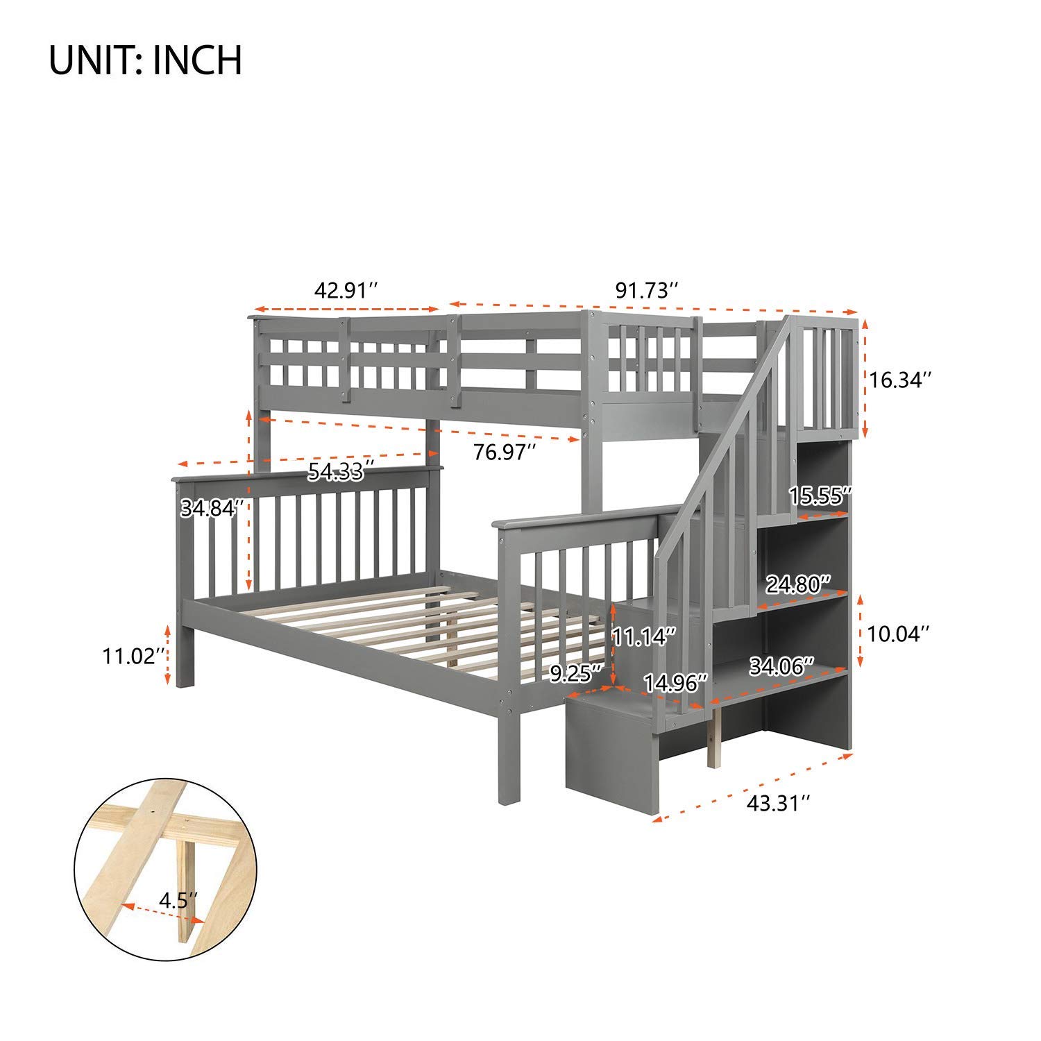 MERITLINE Twin Over Full Bunk Bed with Staircase & Storage - Space-Saving Grey Bunk Bed Frame for Kids & Teens - Convertible Design for Small Rooms, Dorms, and Shared Bedrooms