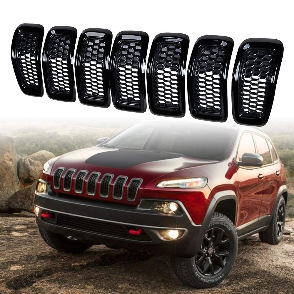 **Astra Depot 7-Piece Black Honeycomb Mesh Front Grill Grille Inserts Cover for 2014-2018 Jeep Cherokee with Retro Gray Trim – Upgrade Your Off-Road Style**    *(Use Case: Perfect for Jeep Cherokee owners looking to enhance their vehicle's front grille with a sleek, durable, and stylish upgrade for off-road adventures or urban driving.)*