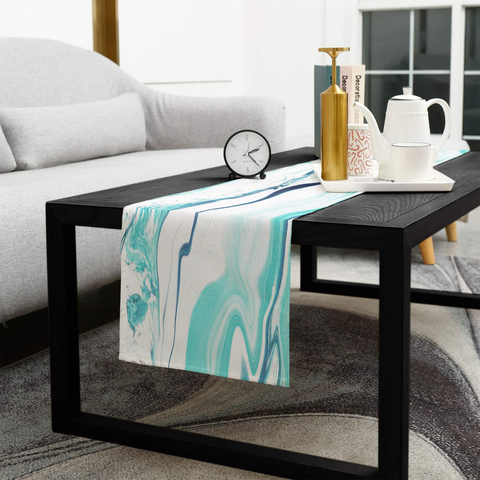 90 Inch Burlap Linen Table Runner - Water Ripple Blur Design, Teal Turquoise Farmhouse Decor for Kitchen, Dining Table, Dresser | Perfect for Wedding, Banquet, Coffee Table & Party Decorations