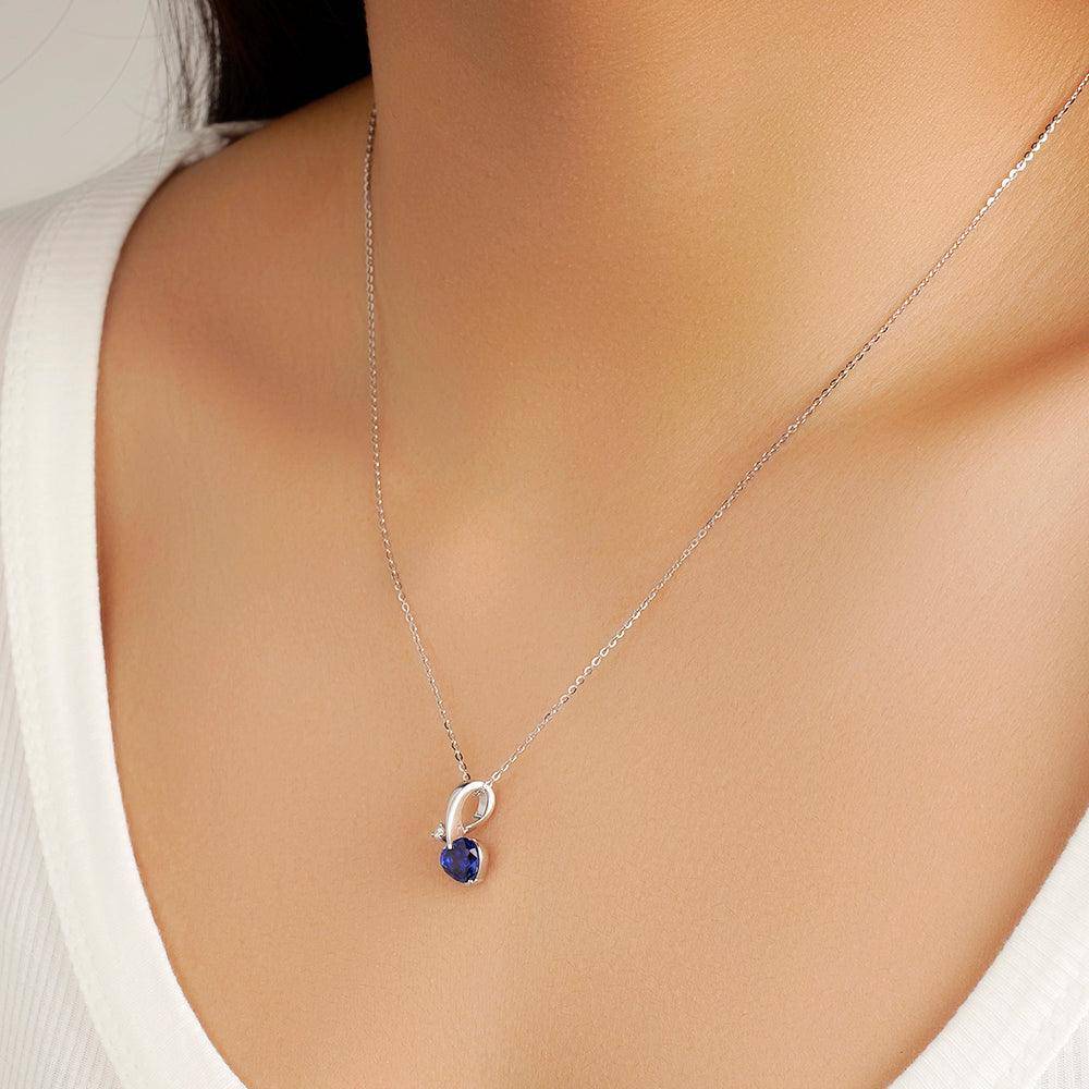 1 Carat Heart Shaped Blue Sapphire and Diamond Ribbon Pendant Necklace - Perfect for Valentine's Day Gifts, Anniversary Presents & Romantic Occasions