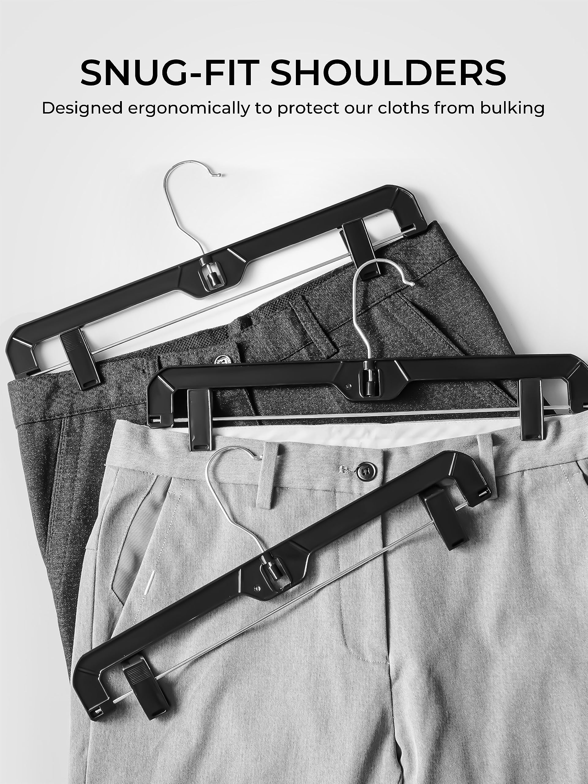 SMARTOR 10-Pack Space Saving Black Plastic Clip Hangers for Pants, Skirts, Shorts, Shirts, Jeans, Dresses & Coats - Durable Clothes Hangers for Closet Organization & Wardrobe Storage
