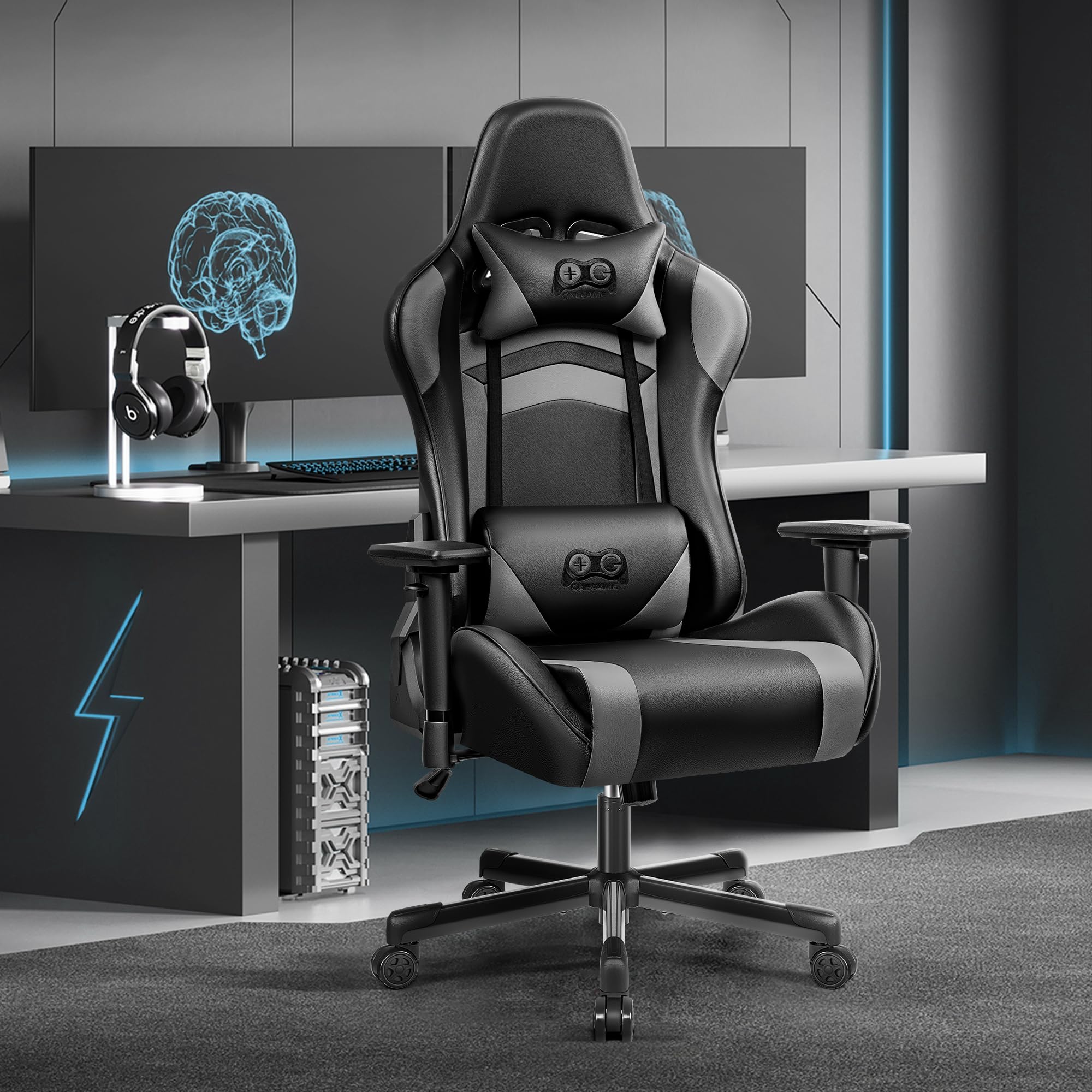 OneGame Black Gaming Chair for Adults - Ergonomic Computer Chair with Adjustable Height, Headrest & Lumbar Support - Racing Style Gamer Chair in Black/Gray - Perfect for PC Gaming, Office Work & Home Entertainment