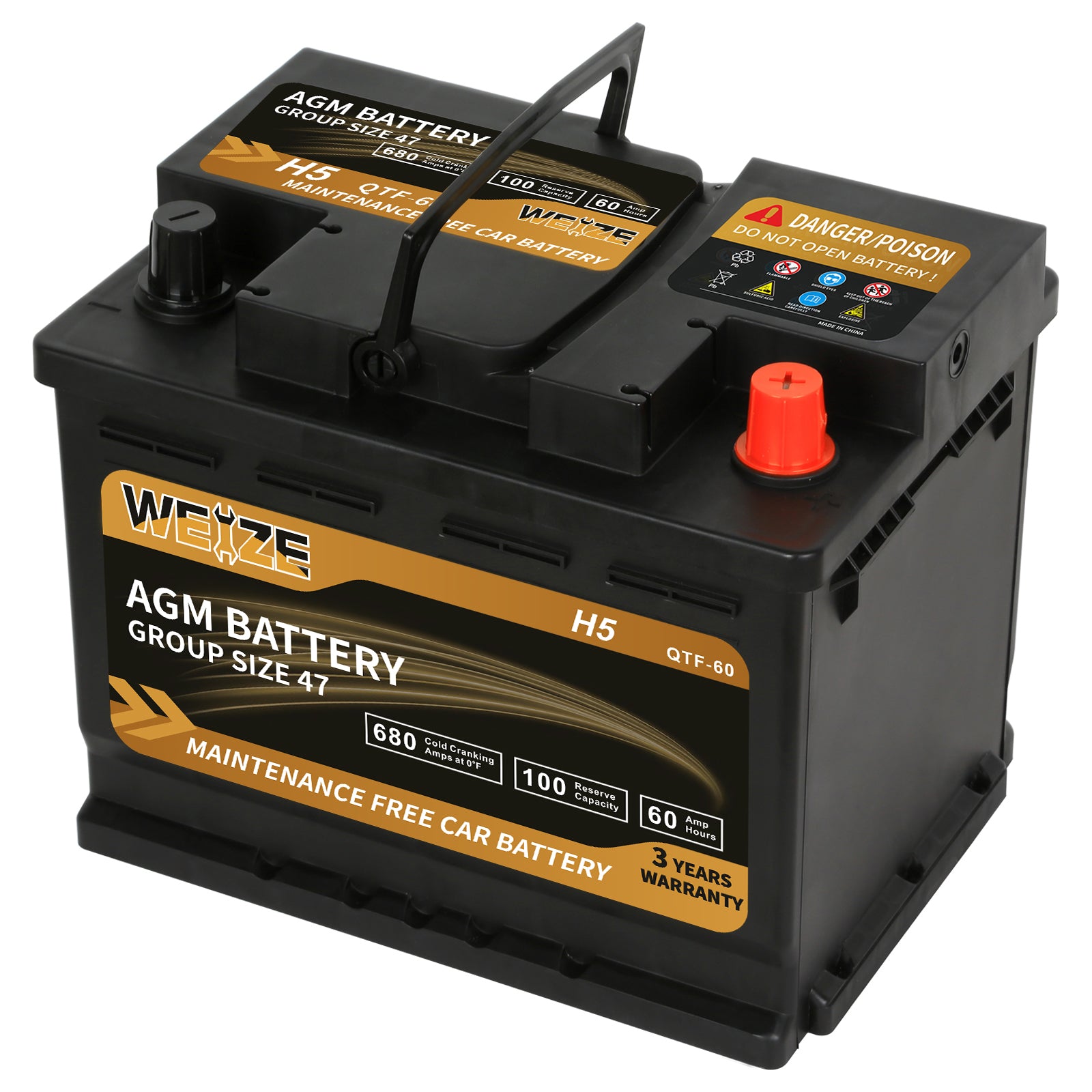 WEIZE Wise Series Group 47 AGM Car Battery 12V 60Ah H5 - High Performance Automotive Replacement Battery for Sedans, SUVs & Trucks - Cold Cranking & Deep Cycle Power for Reliable Starts in All Weather Conditions