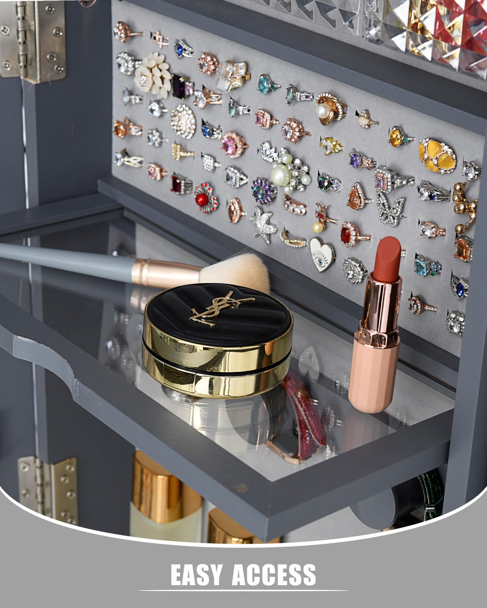 360° Swivel Full-Length Mirror Jewelry Cabinet with LED Lights - Large Capacity Standing Armoire with Built-in Storage, Shelves & Drawer - Perfect for Bedroom, Dressing Room & Closet Organization (Gray)