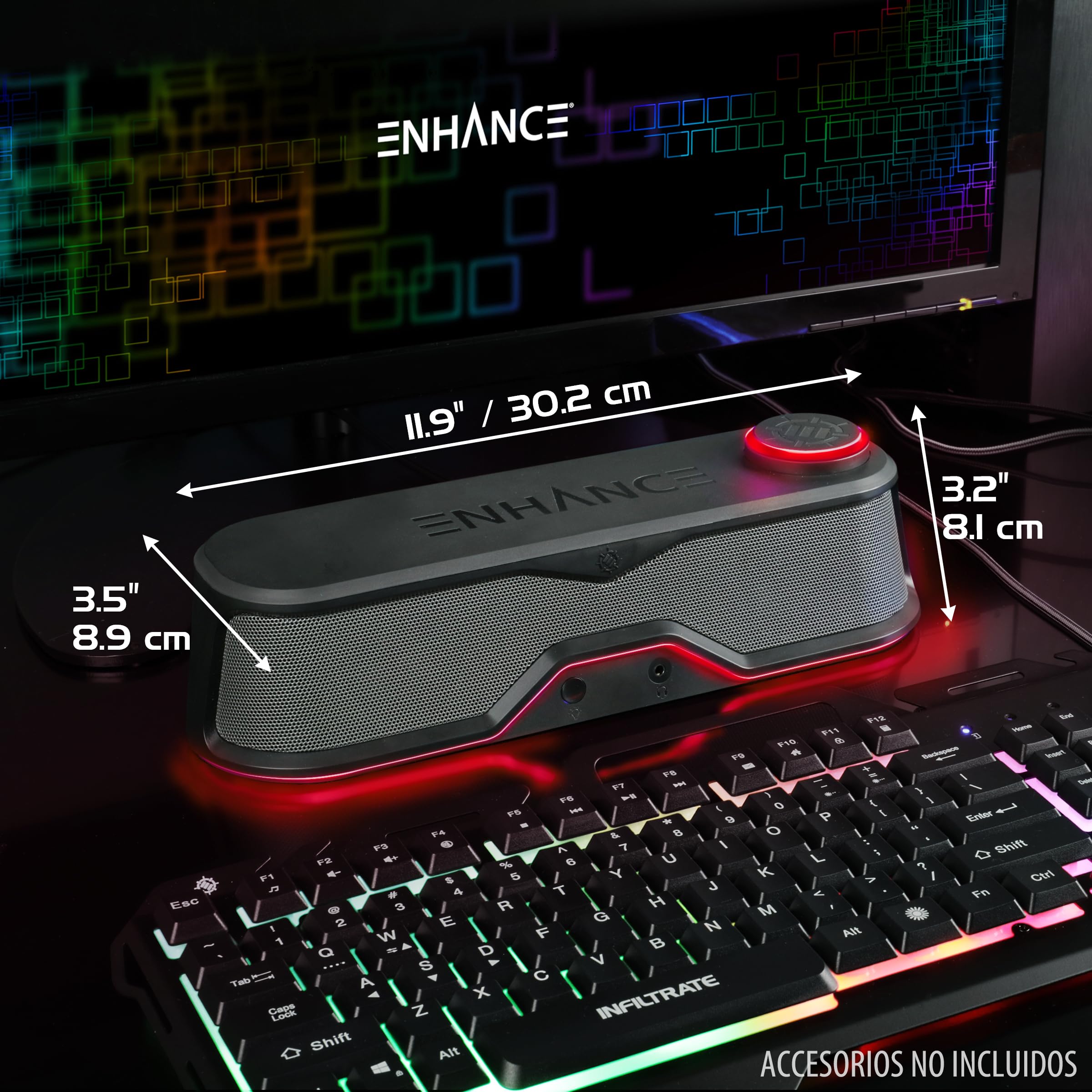 ENHANCE SB1 USB-Powered Computer Soundbar - 10W Peak Under Monitor Speaker with LED Volume Control & Headset Pass-Through | Gaming & Home Office Audio for PC, Laptop, Streaming & Music