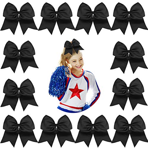 12PCS 8 Inch Large Cheer Hair Bows - Softball Cheerleader Ponytail Holders for Teen Girls - Handmade Sports Hair Accessories - Black - Perfect for Cheerleading, Dance Competitions & School Spirit Events