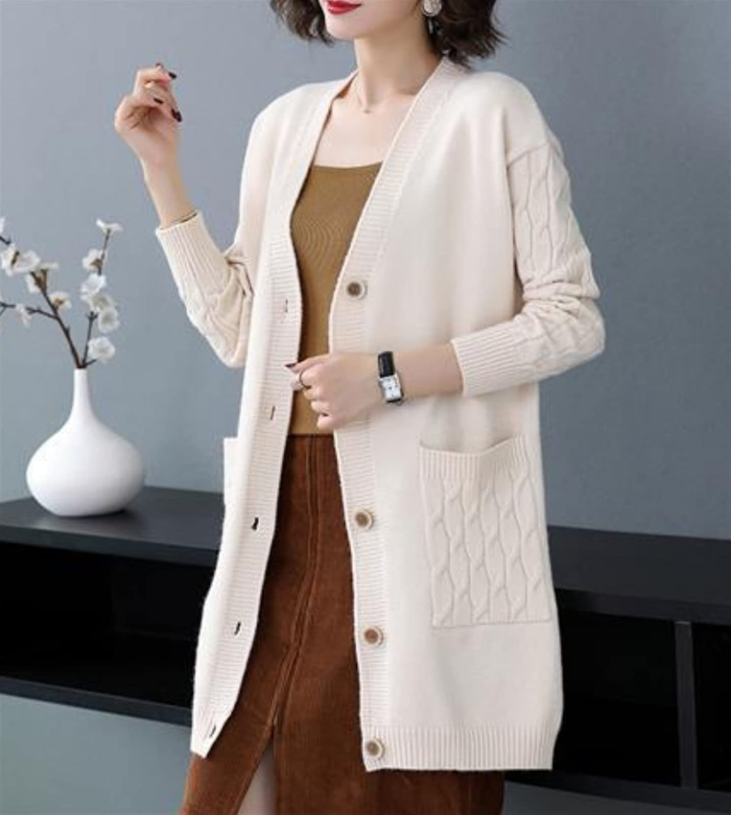 XWSM Women's Vintage V-Neck Knitted Cardigan - Autumn Loose Knit Sweater, Solid Color Single Breasted Casual Top (Apricot, XX-Large) | Perfect for Fall Layering, Office Wear & Cozy Weekend Outfits