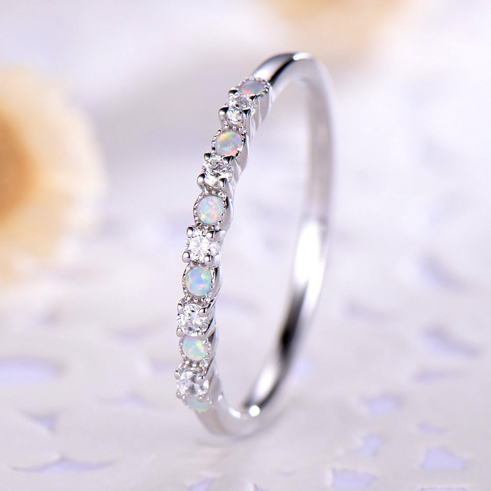 Vintage Opal & Moissanite Wedding Band for Women - Antique Bridal Ring Set, Matching Anniversary Promise Ring, Unique Gift for Her - Perfect for Engagement, Wedding, Anniversary & Special Occasions