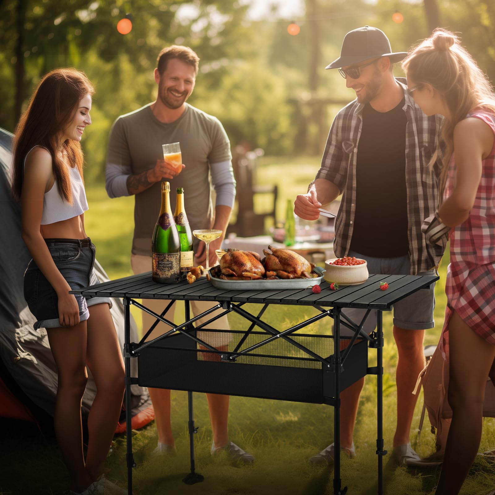 ALPHA CAMP Adjustable Height Folding Camping Table - Portable Roll-up Outdoor Picnic Table with Storage Bag - Lightweight Aluminum for Backyard, Beach, BBQ & Indoor Use - Perfect for Camping, Tailgating and Outdoor Adventures