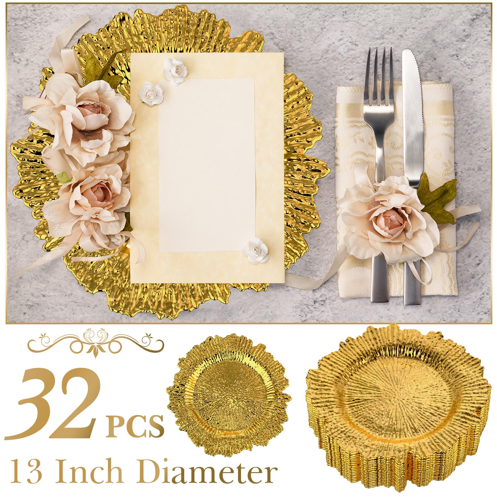 32 Pack Gold Charger Plates Set - 13 Inch Floral Plastic Decorative Dinner Plates for Wedding, Party & Table Setting - Elegant Reef Chargers Serving Trays for Formal Dining & Special Occasions