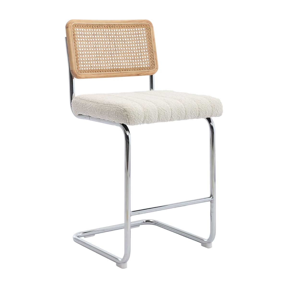 Blake Rattan Boucle Bar Stool - Modern Woven Rattan Counter Height Stool with Boucle Upholstery for Kitchen Island, Breakfast Bar & Home Decor