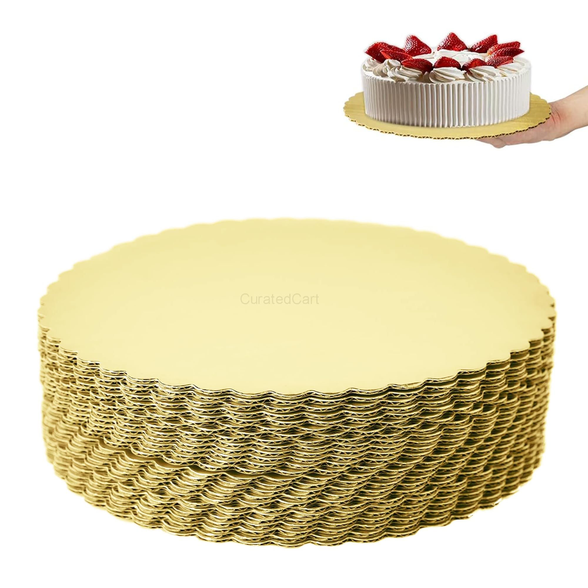 Premium 10-Inch Round Cake Boards (Pack of 10) - Sturdy MDF Cardboard Disposable Cake Stand for Wedding, Birthday & Party Decorations - Gold Scalloped Edge Tart & Pizza Base - Perfect for Bakers & Dessert Displays