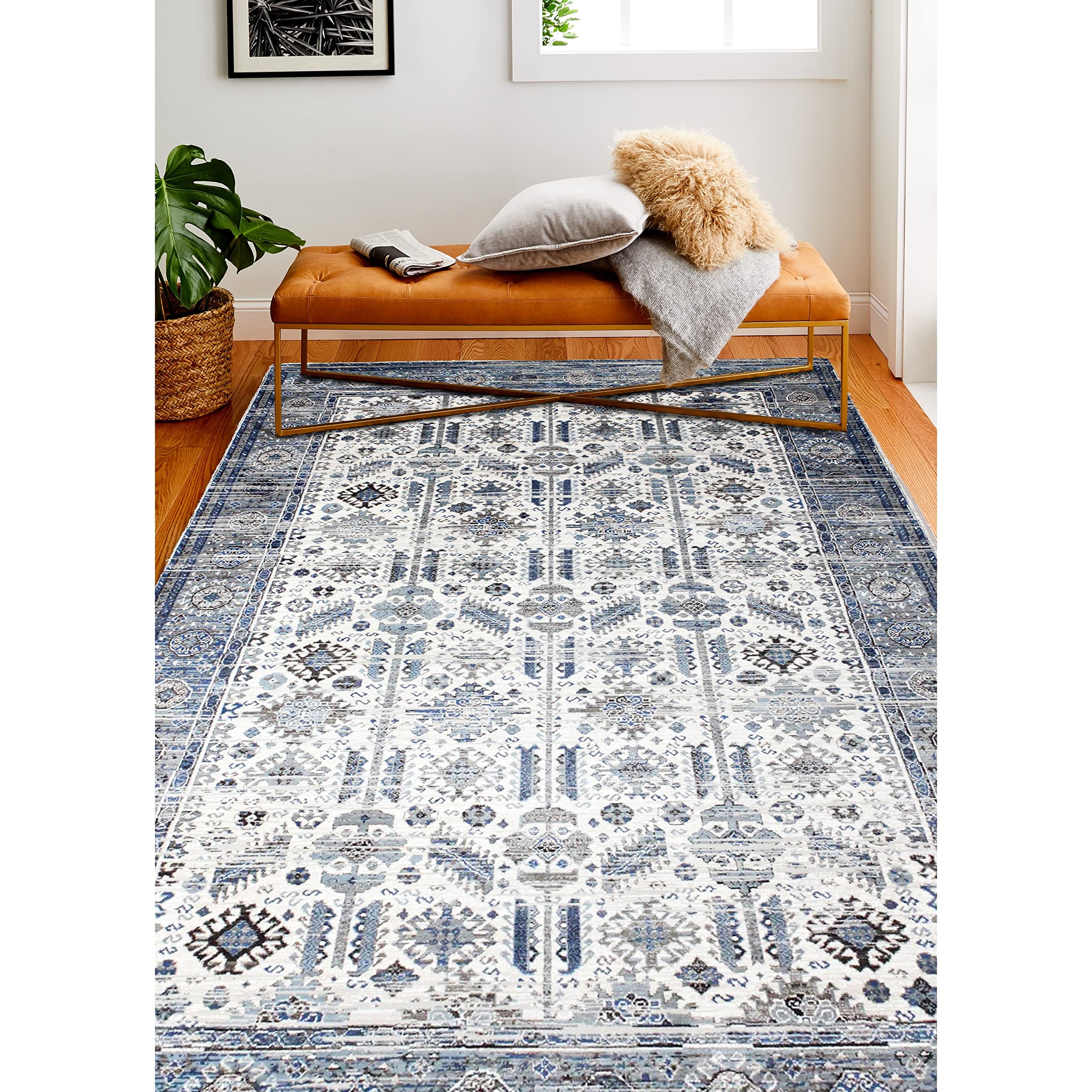 Bashian Collection Luxury Power Loom Polypropylene Area Rug - 7.10’ x 10’ Ivory/Blue - Perfect for Living Room, Bedroom, Entryway & Home Decor | Soft & Durable Runner Rug for High Traffic Areas