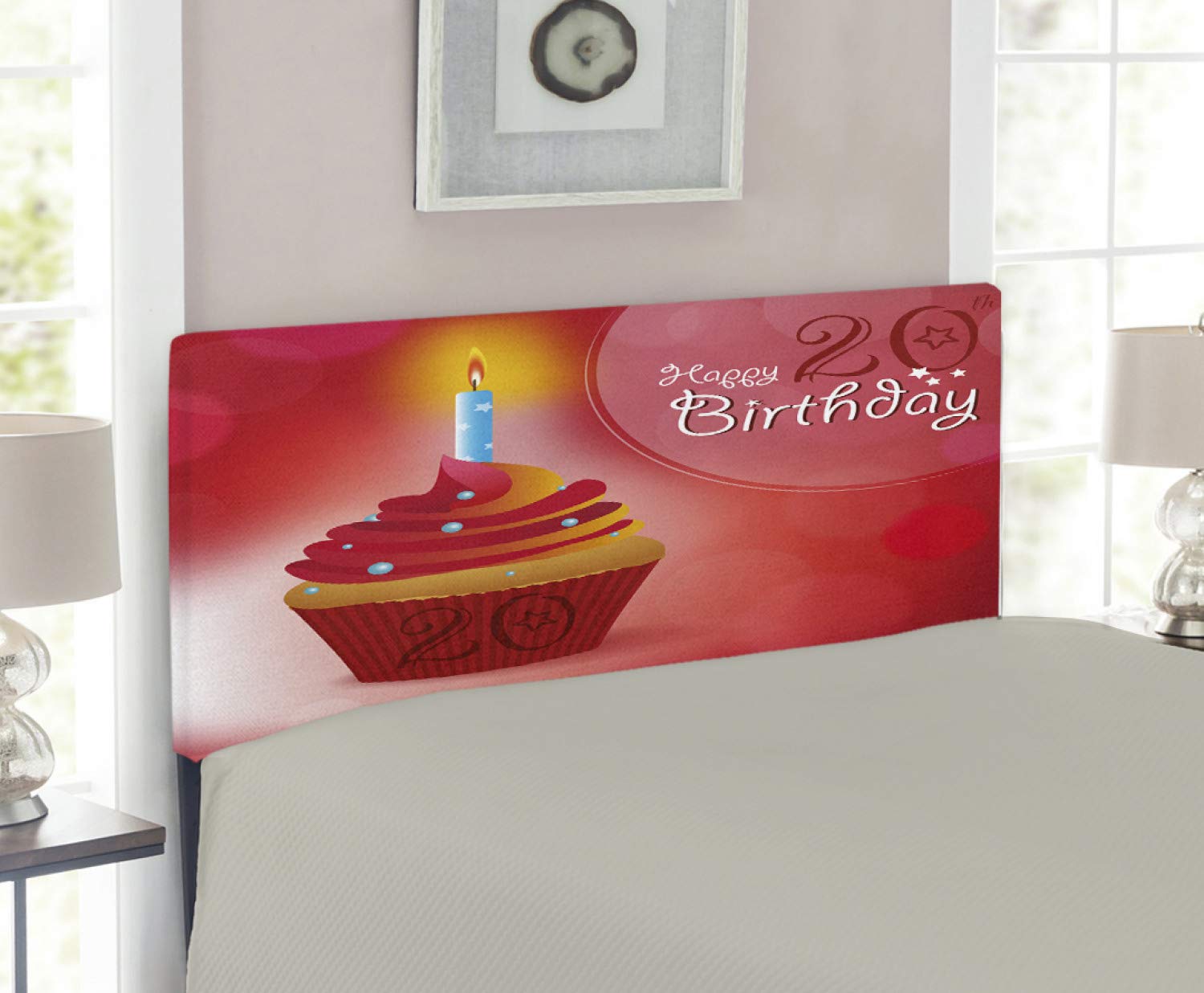 Ambesonne 20th Birthday Headboard - Twin Size Upholstered Metal Bed Frame with Memory Foam, Vibrant Vermilion Pink & Red Cupcake Party Design - Perfect for Birthday Decorations & Teen Bedroom Makeovers
