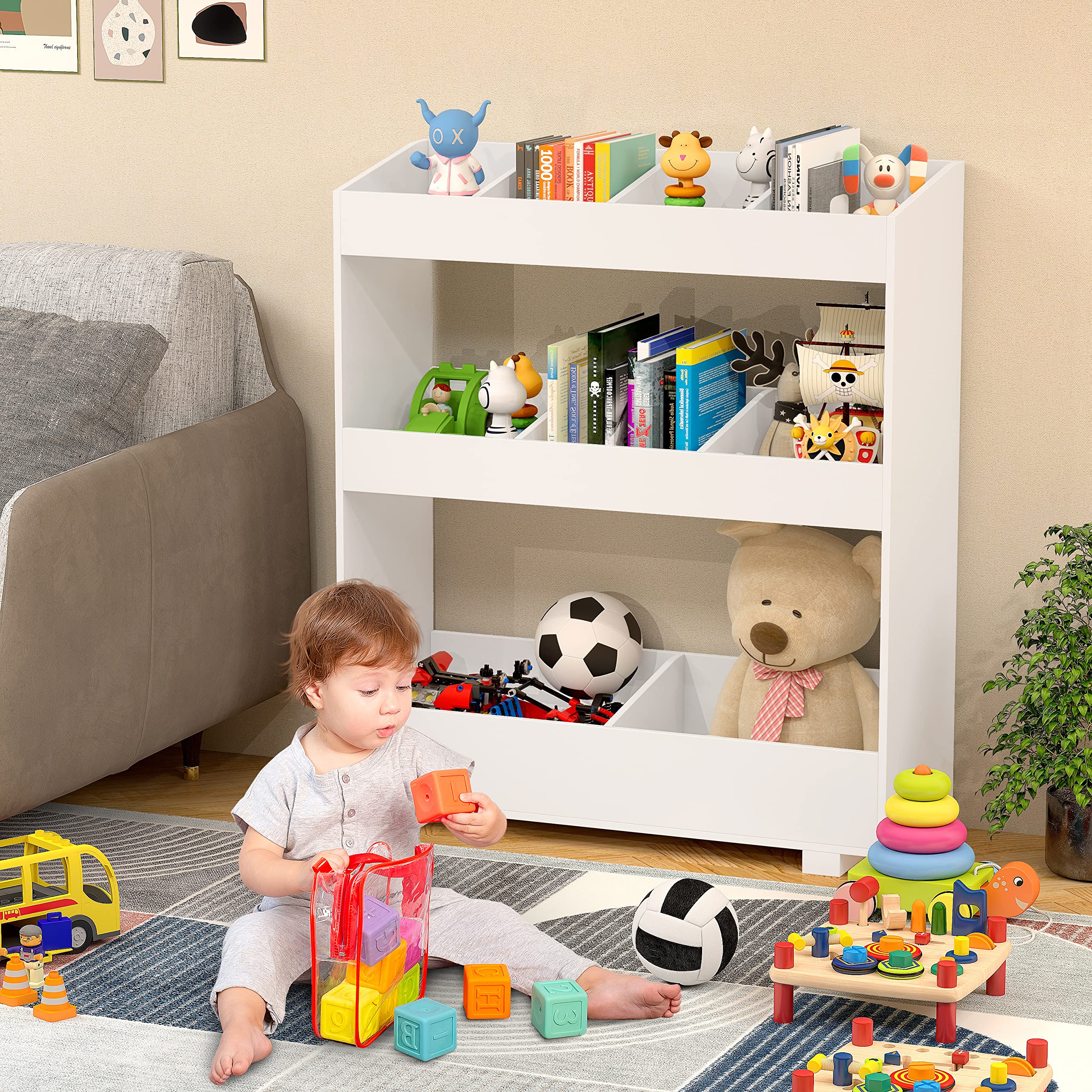 3-Tier Kids Toy Storage Organizer with 9 Display Shelves - Multifunctional Toy Cabinet for Nursery, Playroom & Bedroom - White | Perfect for Organizing Toys, Books & Games in Kids' Rooms & Daycare Centers