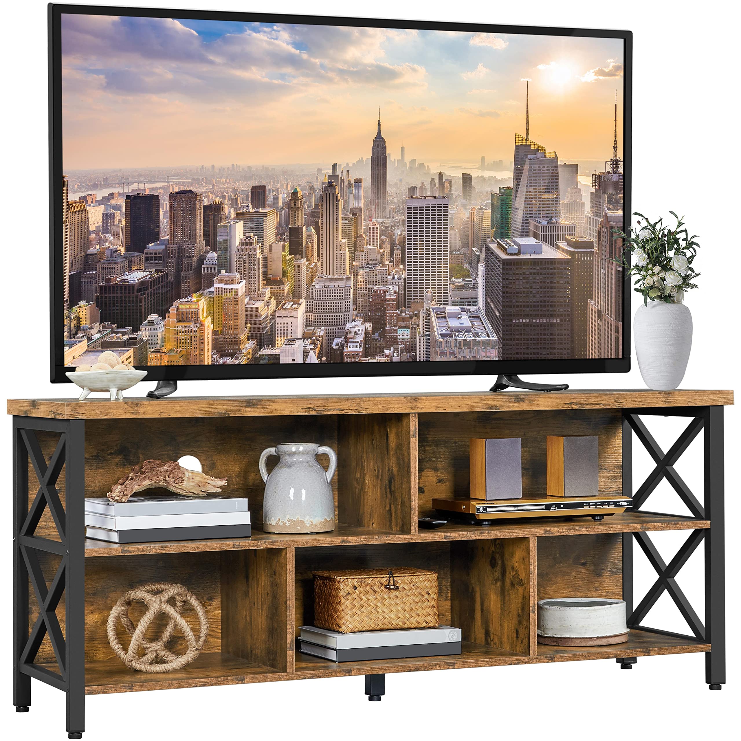 Yaheetech 65 Inch TV Stand with Storage Cabinets - Industrial Rustic Brown Wood & Metal Entertainment Center for Living Room - Perfect for Home Theater & Modern Farmhouse Decor