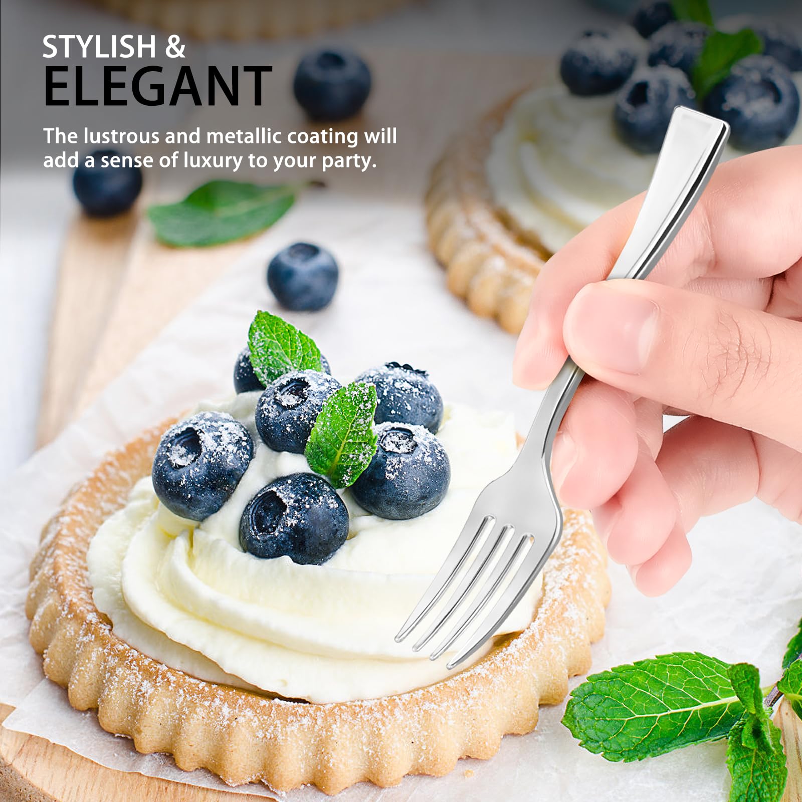Qeirudu 4 Inch Mini Plastic Silver Forks - 100 Pack Heavy Duty Disposable Appetizer Forks for Party, Desserts, Charcuterie, Cocktails & Strawberries - Perfect for Weddings, Baby Showers & Catering Events