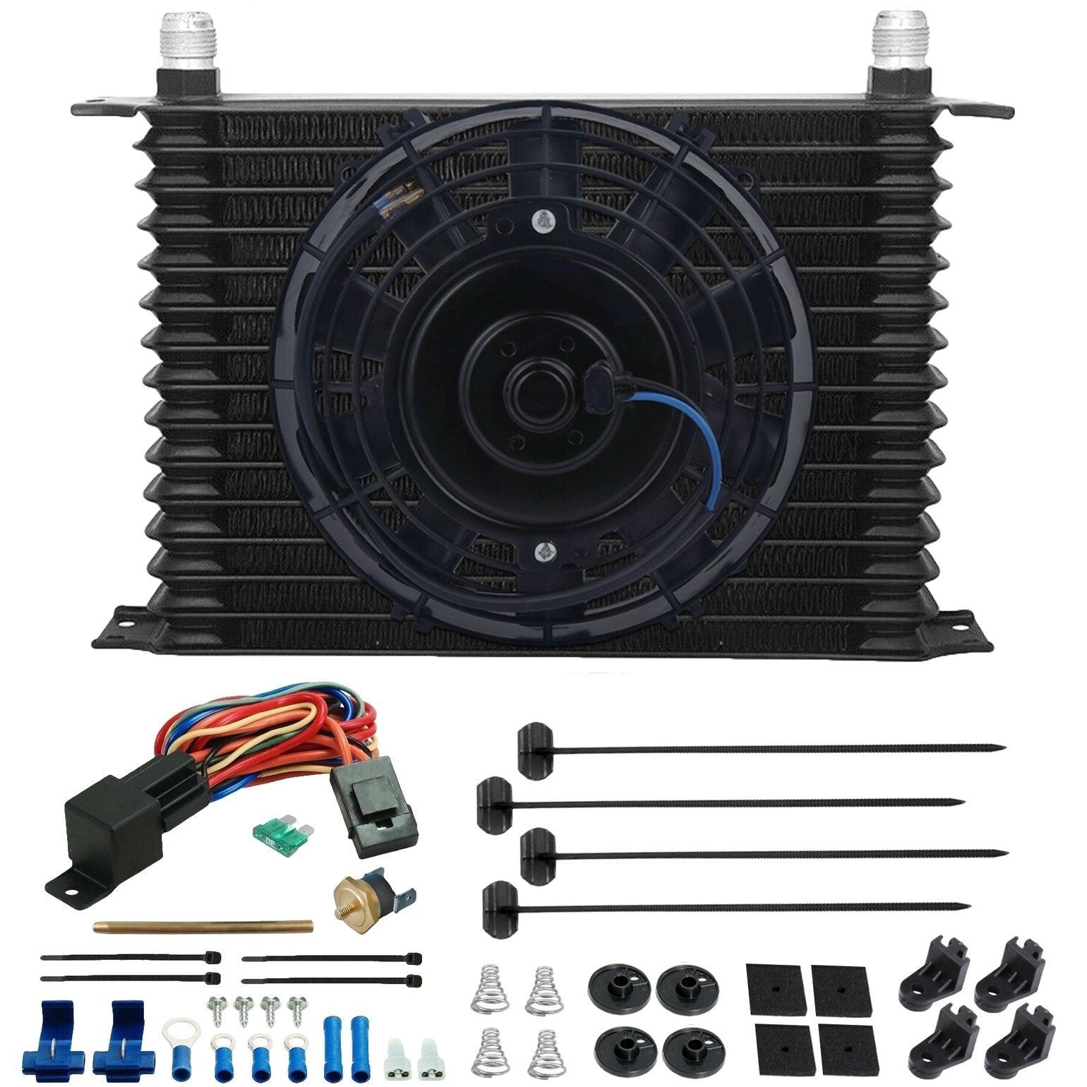 15 Row Engine Transmission Oil Cooler Kit with Electric Fan & Push-in Probe Thermostat - Perfect for High-Performance Vehicles & Off-Road Trucks