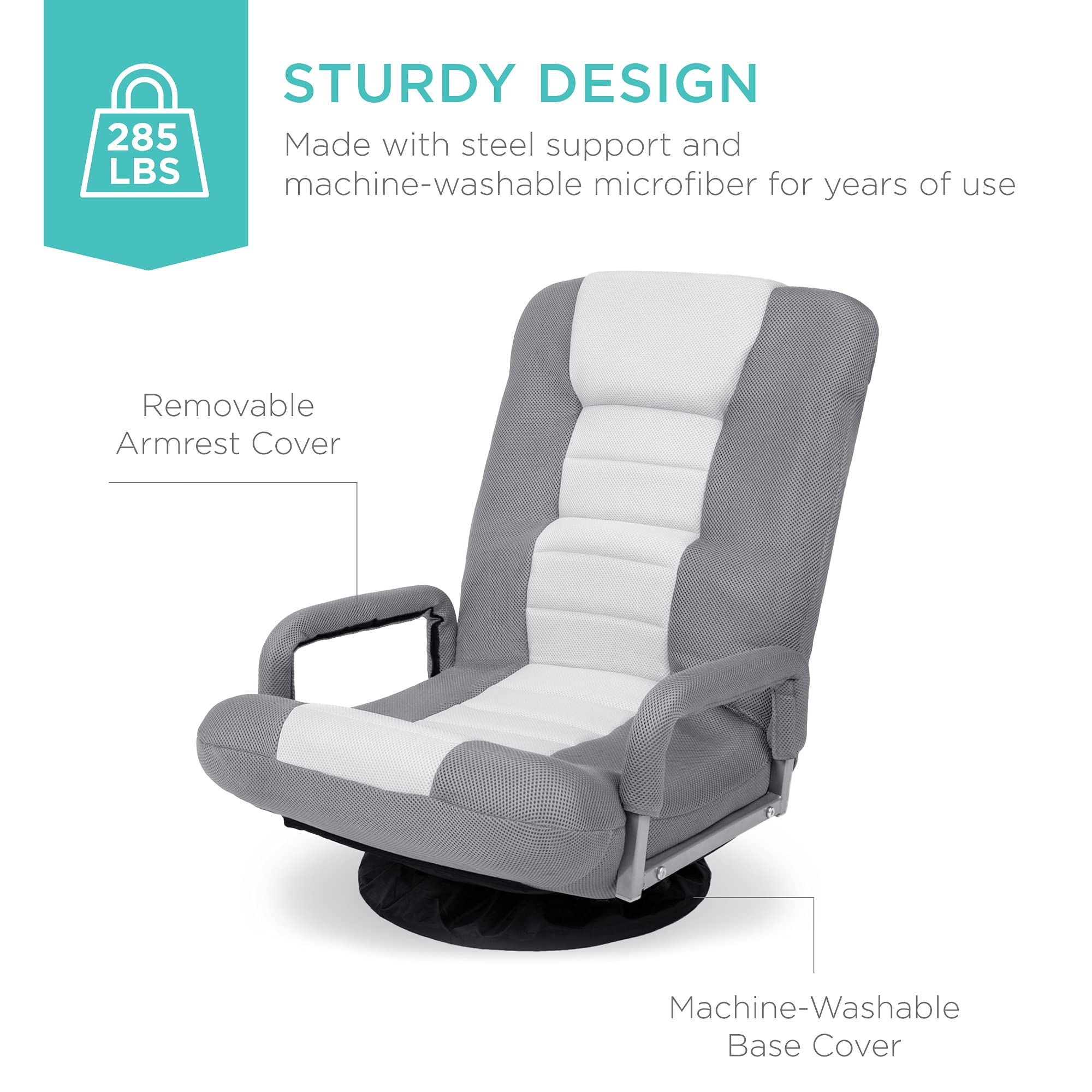 Best Choice Products 360-Degree Swivel Gaming Chair - Adjustable Foldable Backrest with Lumbar Support & Armrests for Ultimate Comfort - Gray/White Multipurpose Floor Rocker for Gaming, TV Watching, Reading & Relaxation
