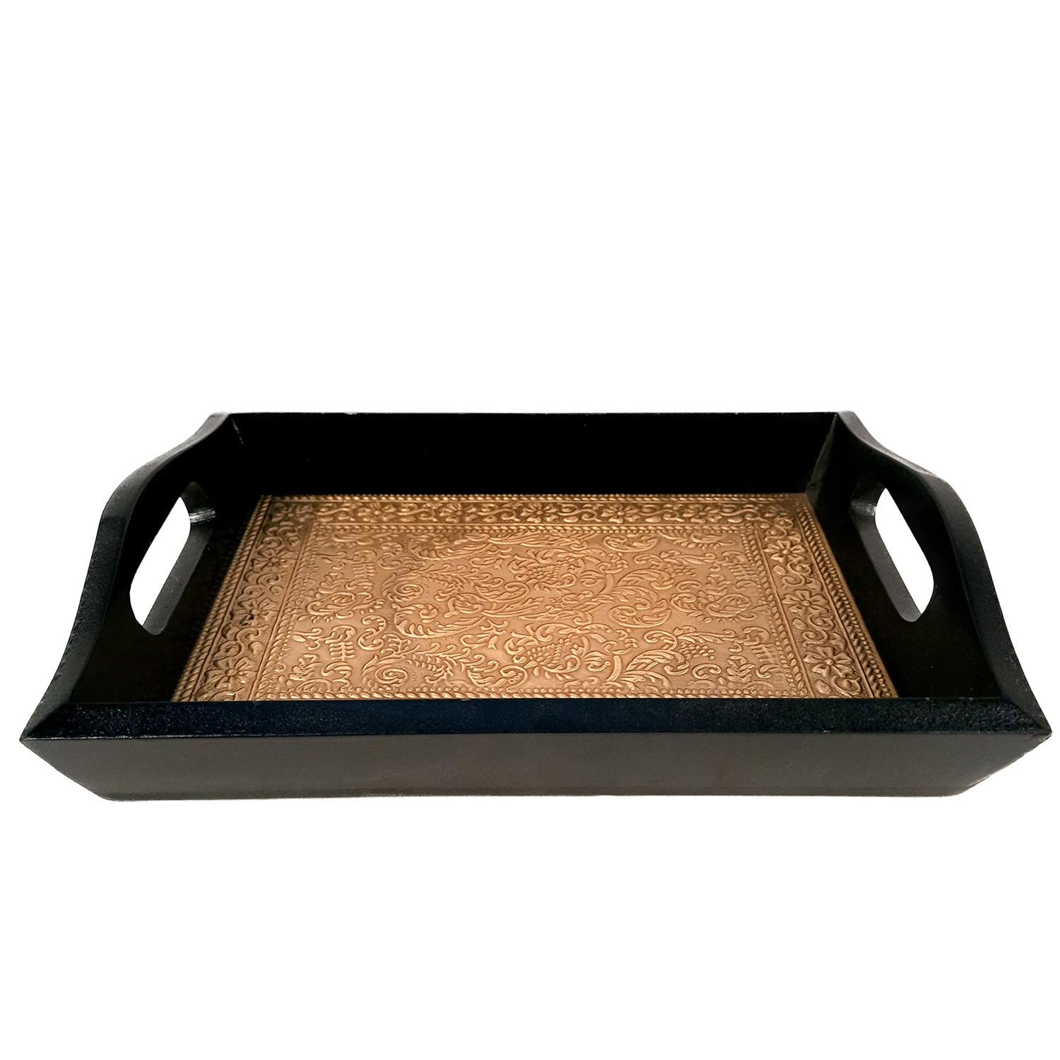 Apka Mart Wooden Brass Serving Tray - 14 Inch Decorative Tray for Tea, Coffee & Snacks | Multipurpose Home & Kitchen Organizer | Perfect for Dining Table, Coffee Table & Gift Giving