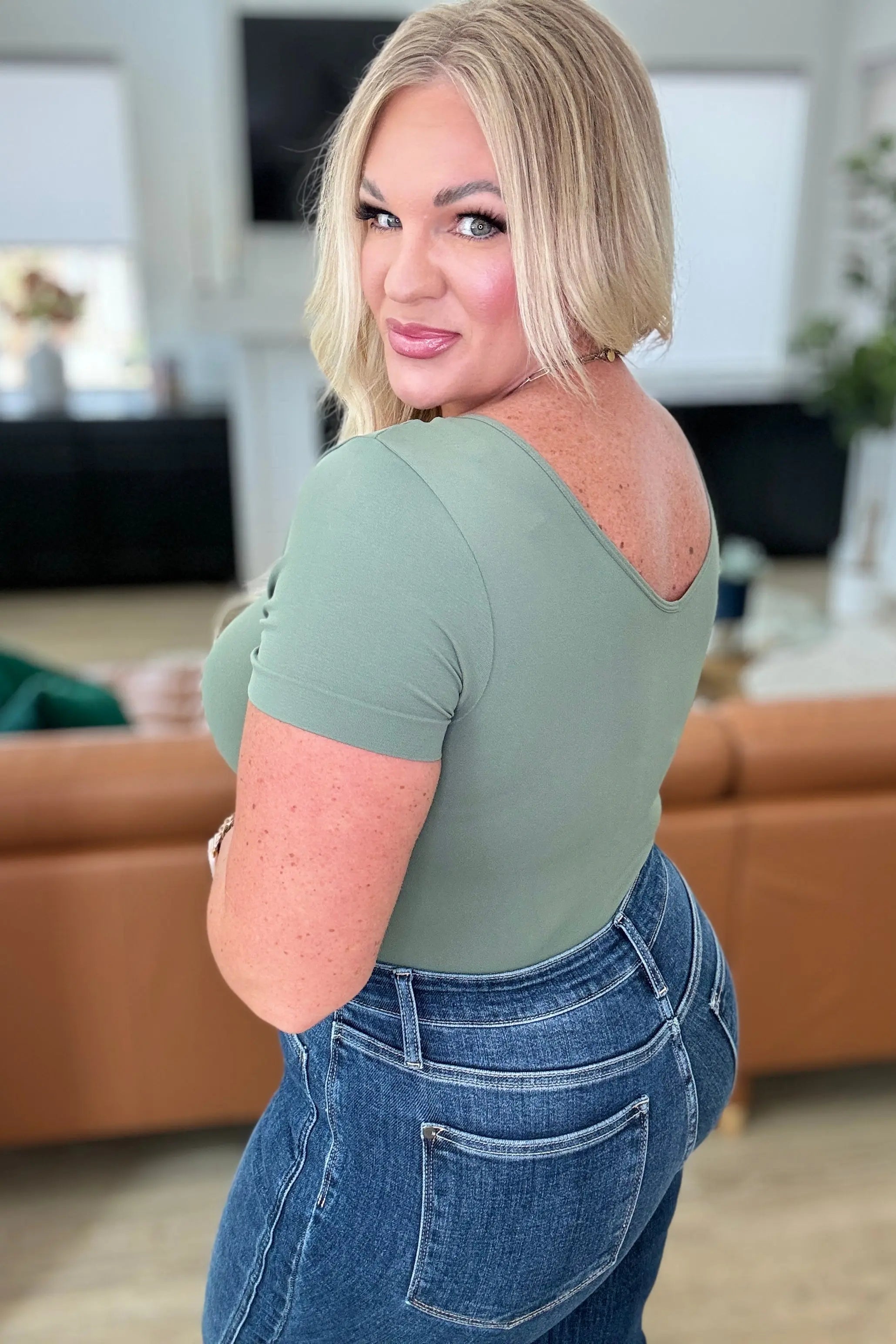 Smokey Olive Scoop Neck Short Sleeve Bodysuit for Women - Comfortable Everyday Basic Top for Layering, Casual Outfits & Work Wear