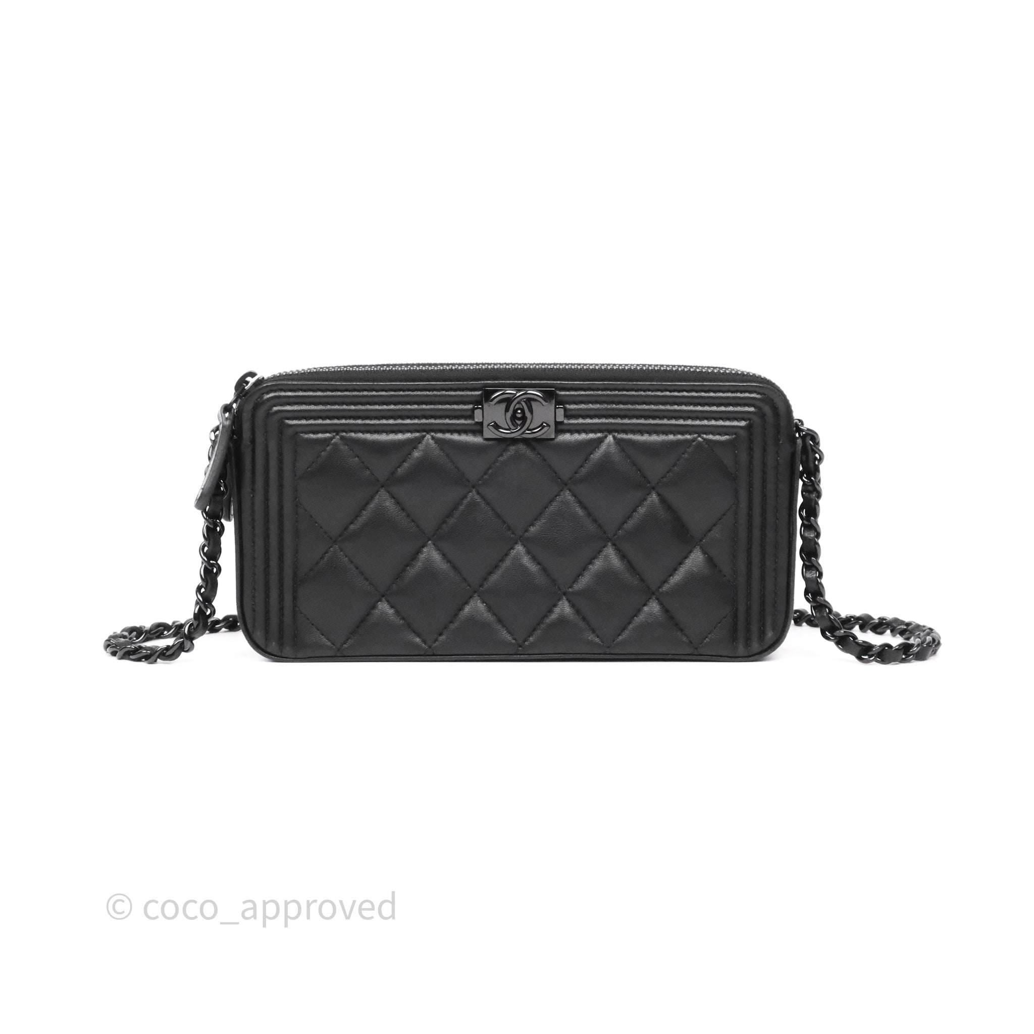 Chanel Boy Double Zip Clutch On Chain So Black Lambskin Leather Crossbody Bag - Perfect for Evening Parties, Date Nights & Luxury Fashion Accessories