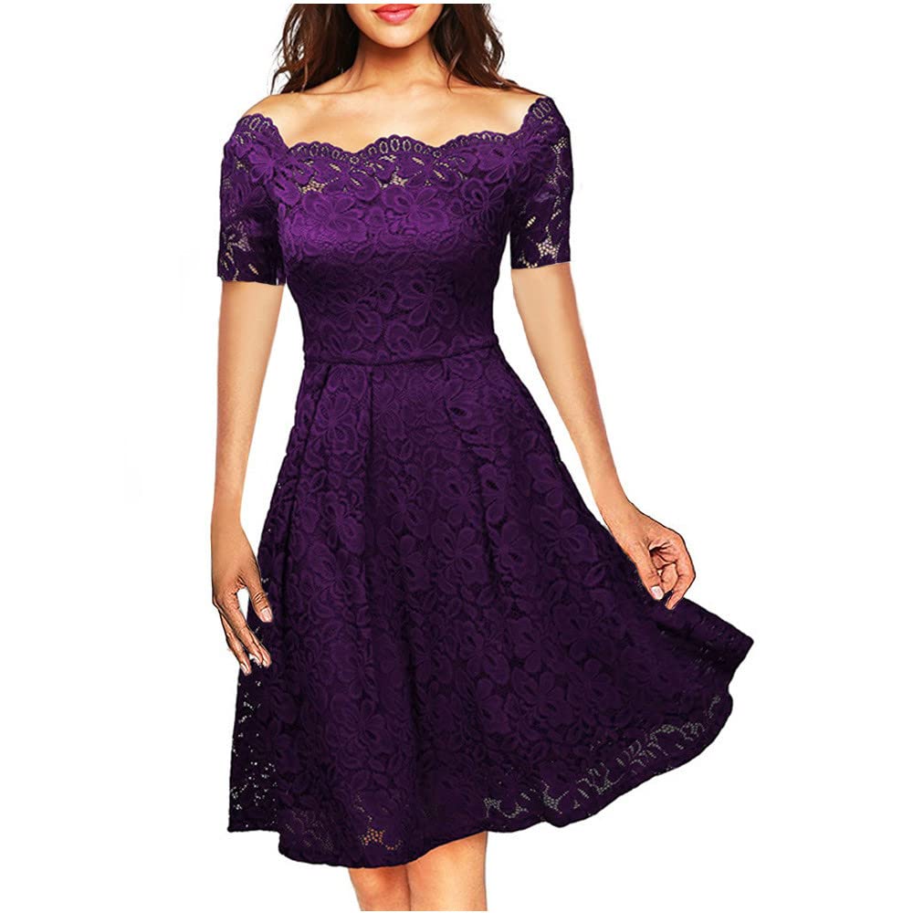 Elegant Women's Off Shoulder Lace Wedding Guest Dress - Short Sleeve Flowy Prom Party Tunic with Ruffles | Perfect for Bridal Showers, Cocktail Parties & Formal Events
