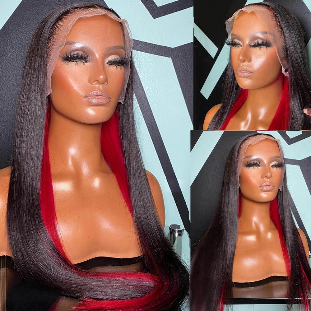 Eullair Human Hair Lace Frontal Wig with Trendy Inner Color (Red/Pink) - Perfect for Daily Wear, Parties & Special Occasions