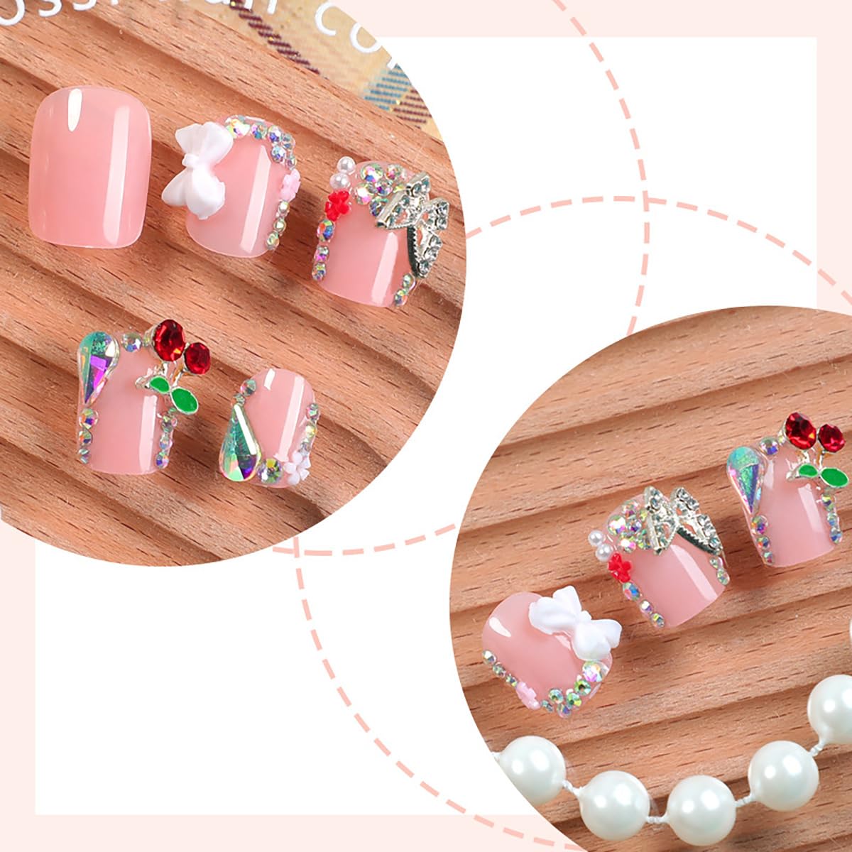 24Pcs Short Square Press on Nails with 3D Bow Charms - Pink Fake Nails with Butterfly Flower Designs, Rhinestones & Glossy Finish | Full Cover French Acrylic Nail Tips for Women | Perfect for Parties, Weddings & Everyday Wear