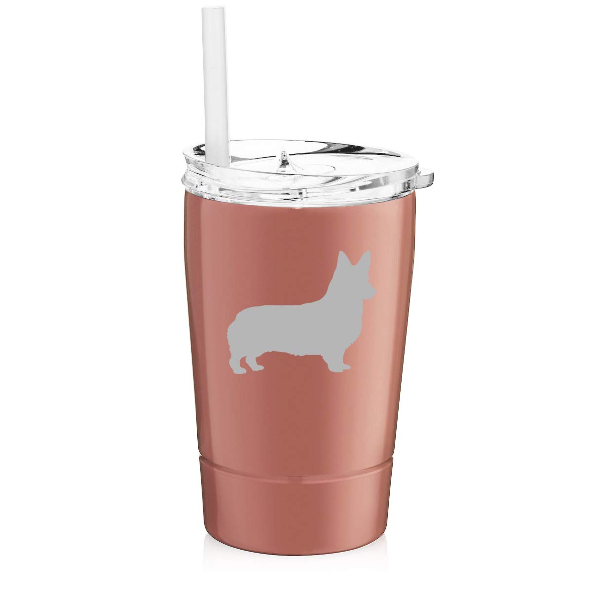 12 oz Double Wall Stainless Steel Vacuum Insulated Tumbler with Straw - Corgi Rose Gold Coffee Travel Mug for Hot & Cold Drinks - Perfect for Office, Gym, Camping and Car Commute
