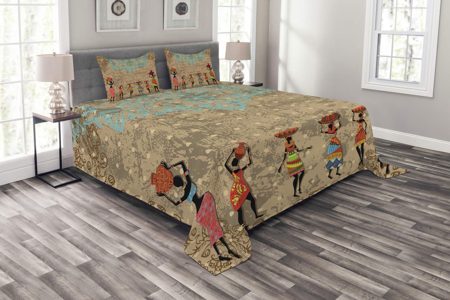 Ambesonne African Bedspread Set - Vintage Boho Folkloric Print with Girls Carrying Pots, 3-Piece King Size Bedding Set with Coverlet & 2 Pillow Shams in Seafoam Cocoa - Perfect for Bohemian Bedroom Decor, Guest Room Makeover or Cultural Themed Home Styling