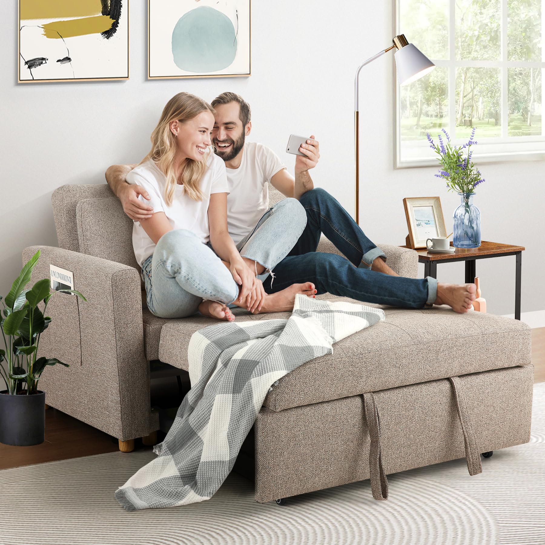 SEJOV 3-in-1 Convertible Sofa Bed with Linen Fabric - Pull Out Sleeper Couch, 49