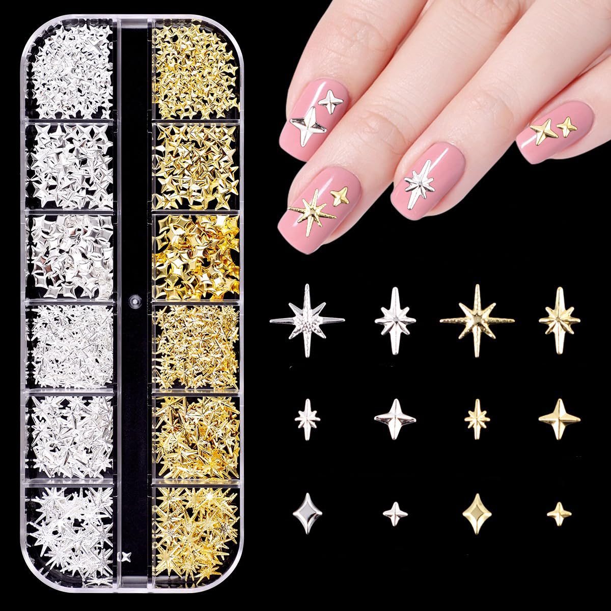3D Gold & Silver Star Nail Charms - Mixed Metal Nail Art Gems for DIY Manicure, Shiny Cross Star Nail Decorations | Perfect for Nail Art, Salon Designs & Party Glam Looks
